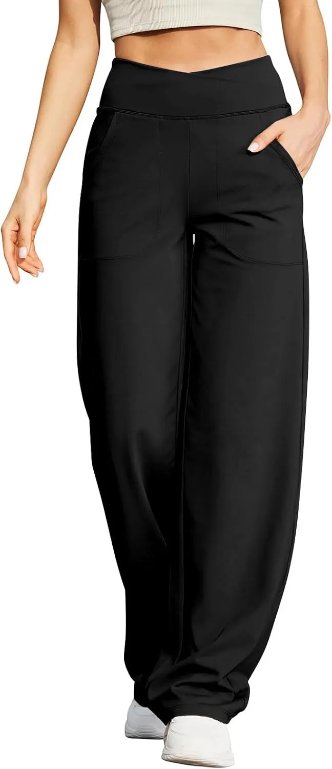 Kubbon Women's Wide Leg Yoga Pants Crossover Baggy High Waist Stretch Dress Sweatpants Casual Lounge Pants with Pockets
