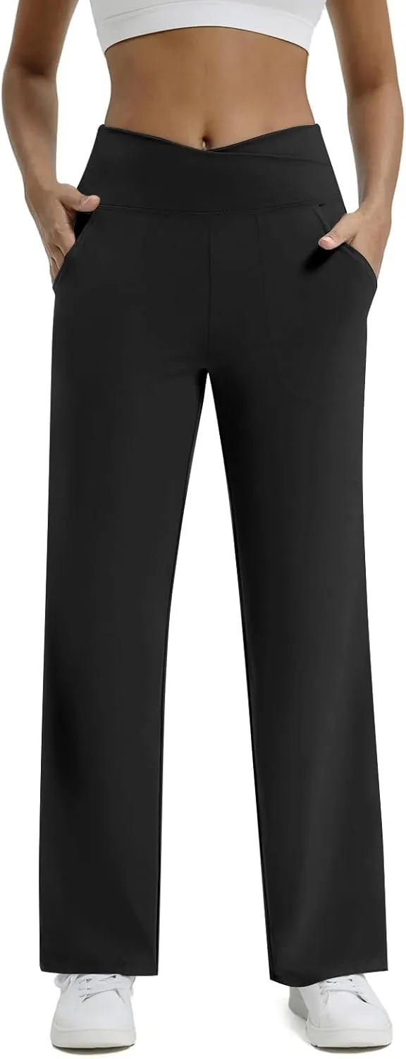 Kubbon Women's Wide Leg Yoga Pants Crossover Baggy High Waist Stretch Dress Sweatpants Casual Lounge Pants with Pockets