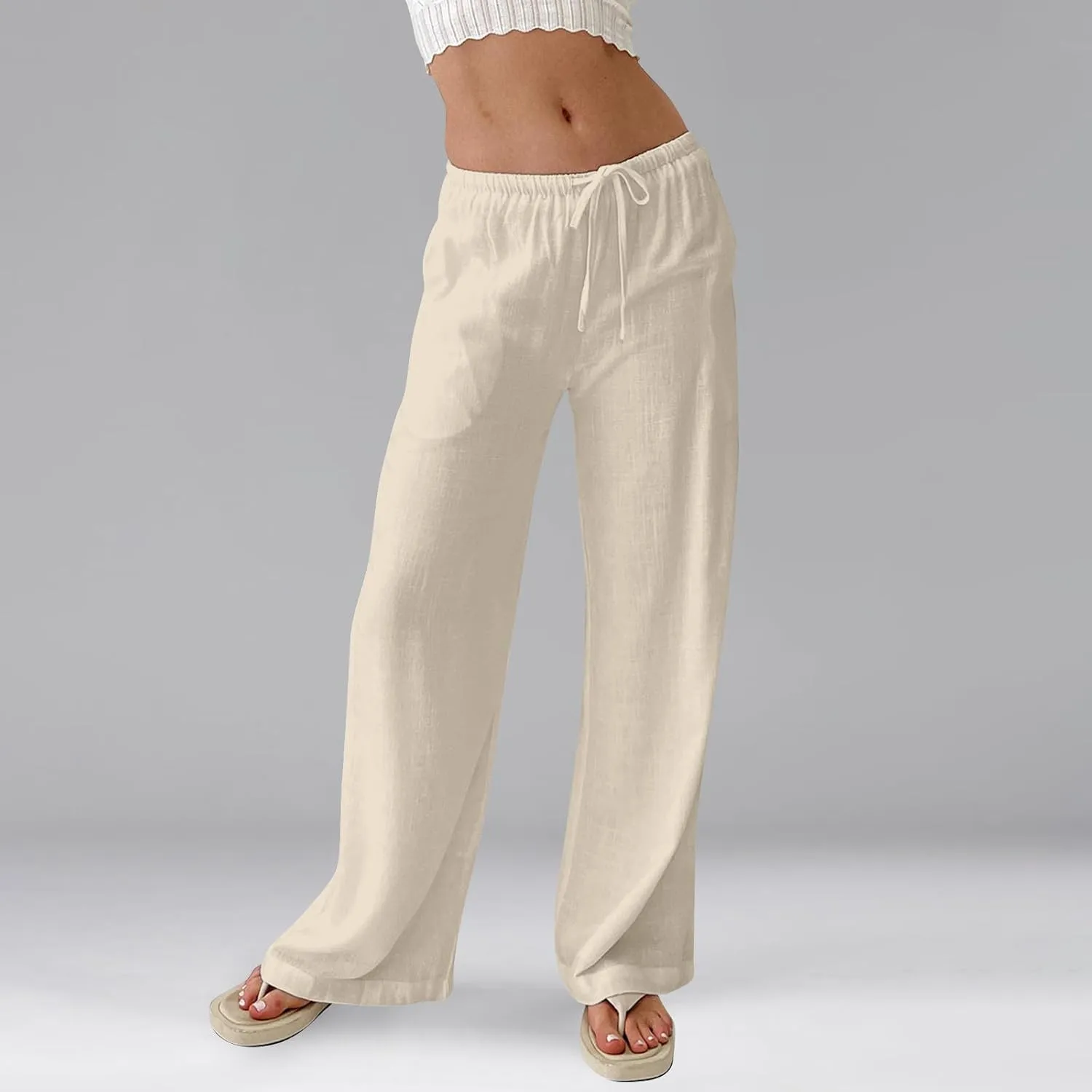 Ladies Linen Pants Summer Wide Leg Pants Drawstring Elastic High Waist Trousers Loose Petite Palazzo Pant with Pocket