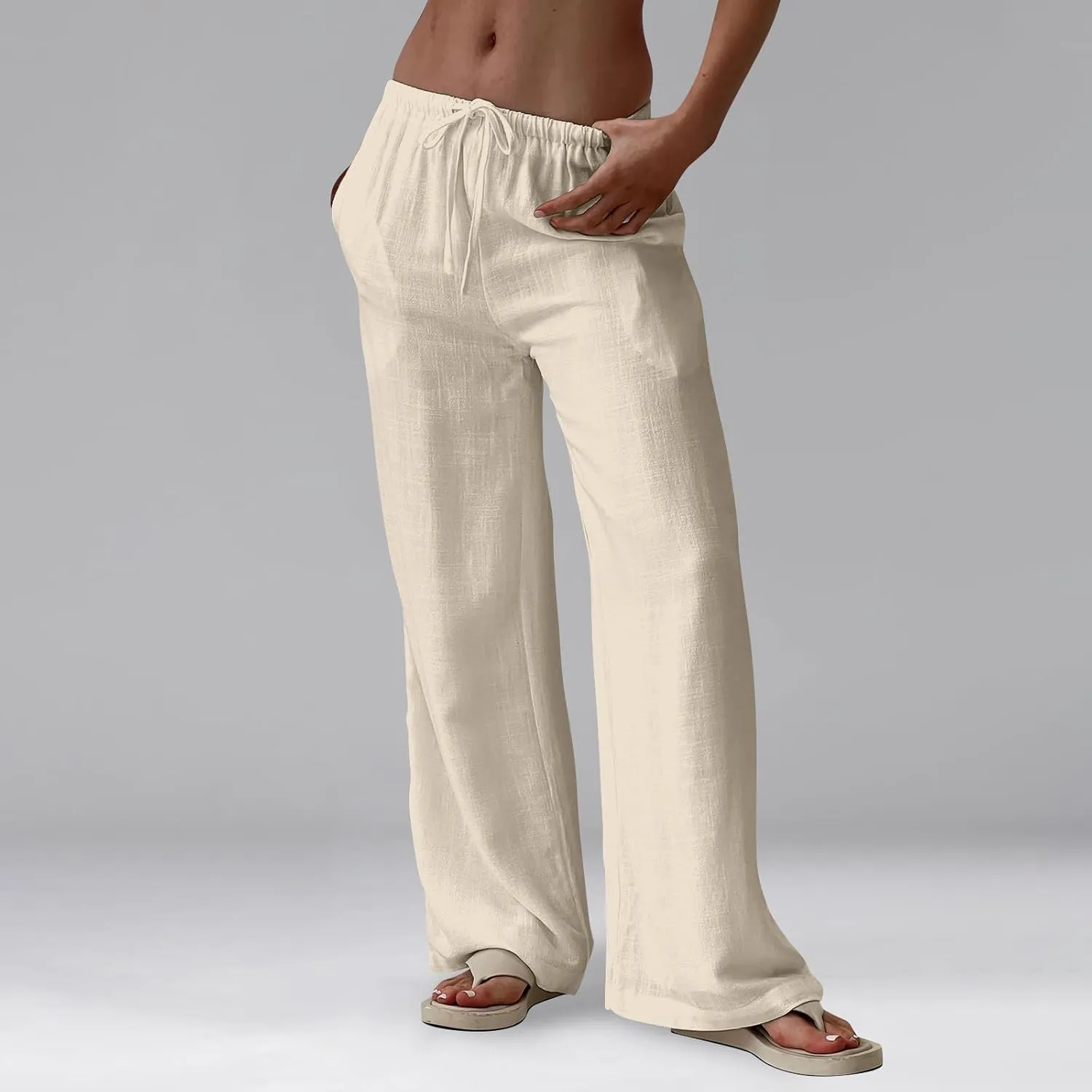 Ladies Linen Pants Summer Wide Leg Pants Drawstring Elastic High Waist Trousers Loose Petite Palazzo Pant with Pocket