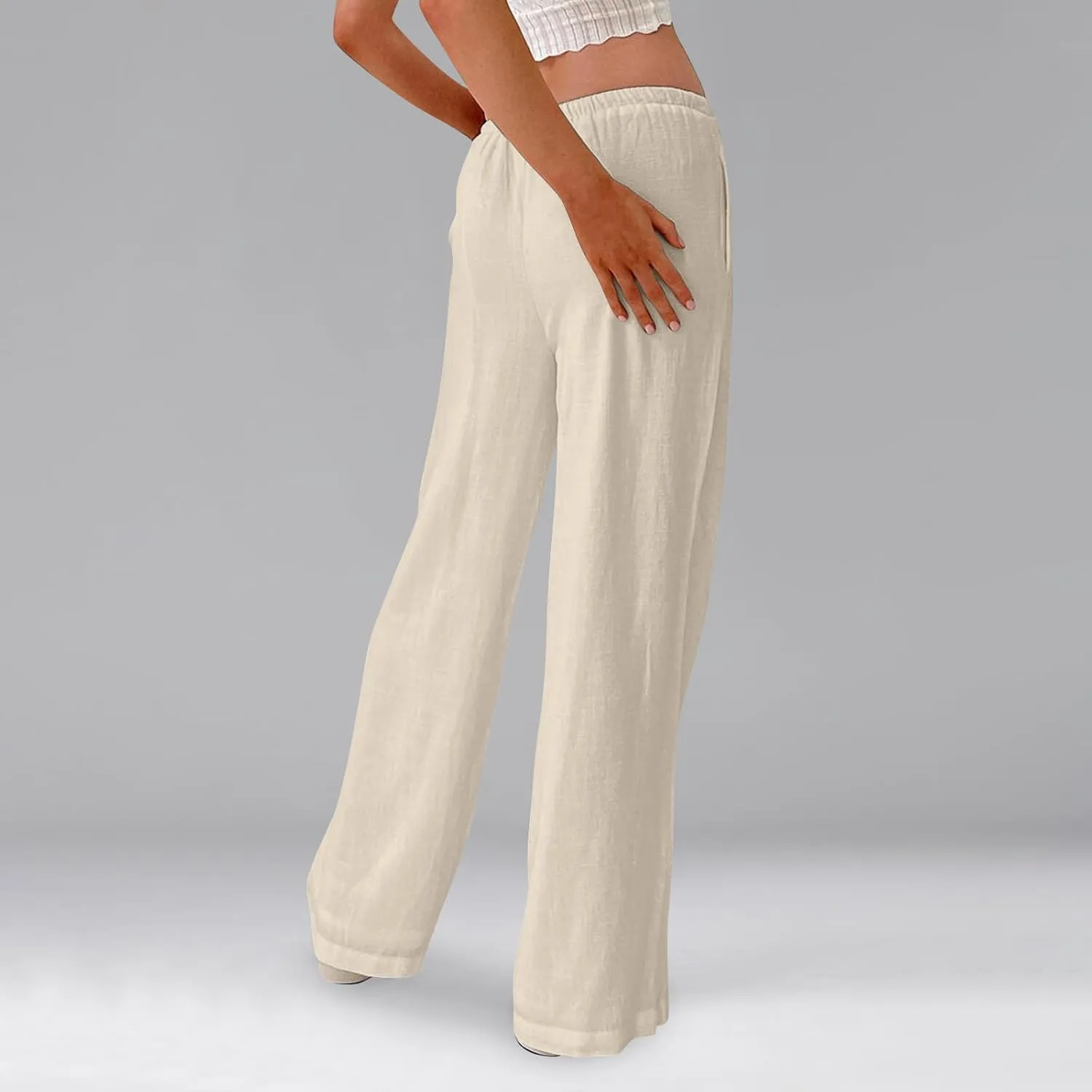 Ladies Linen Pants Summer Wide Leg Pants Drawstring Elastic High Waist Trousers Loose Petite Palazzo Pant with Pocket