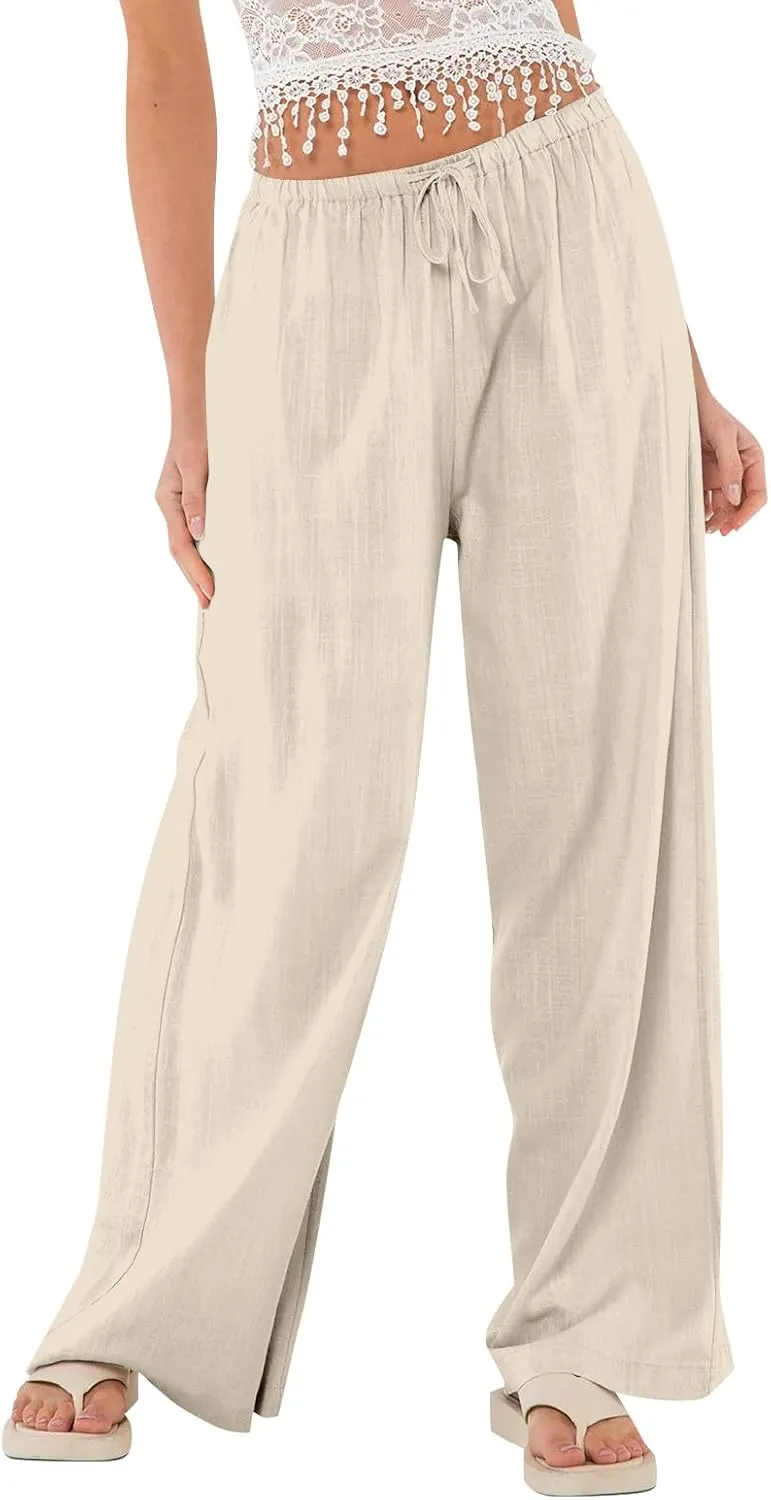 Ladies Linen Pants Summer Wide Leg Pants Drawstring Elastic High Waist Trousers Loose Petite Palazzo Pant with Pocket