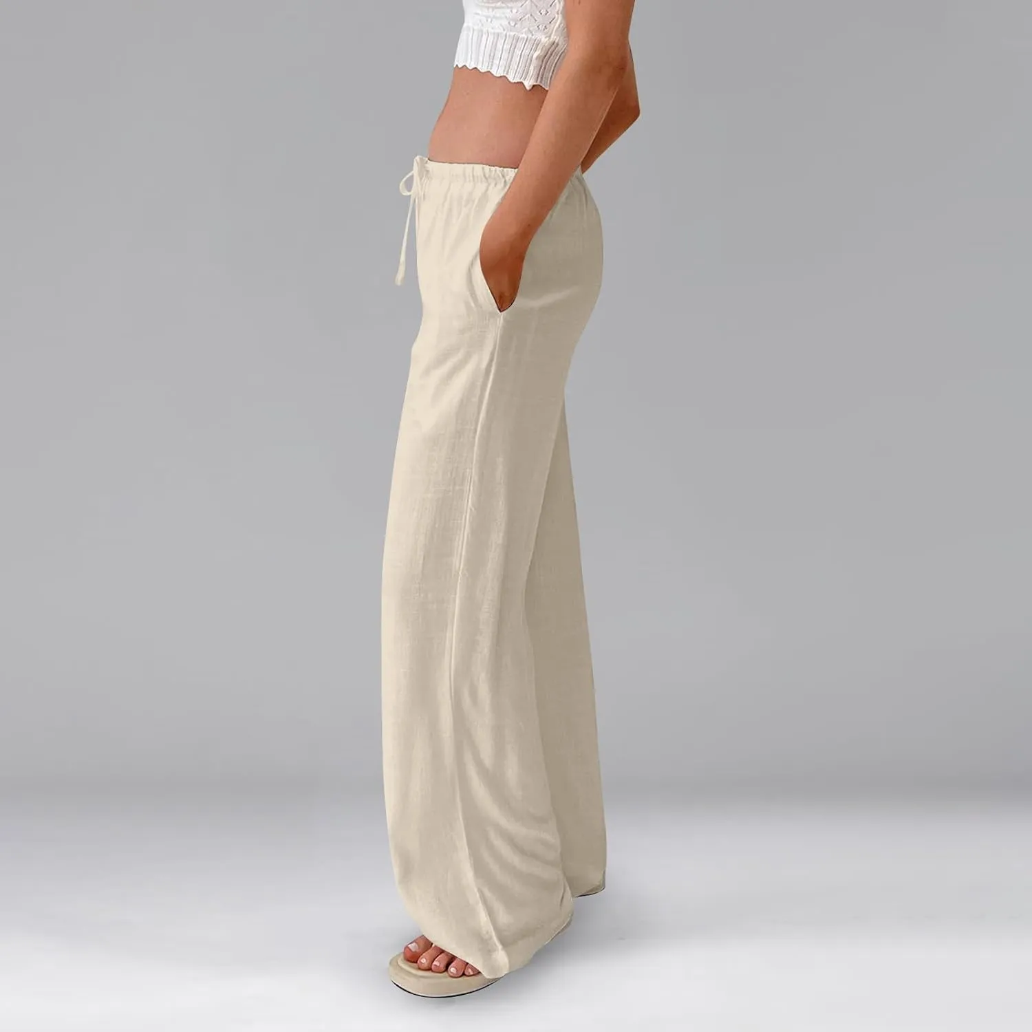 Ladies Linen Pants Summer Wide Leg Pants Drawstring Elastic High Waist Trousers Loose Petite Palazzo Pant with Pocket