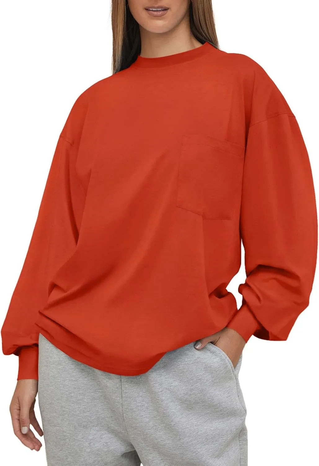 LASLULU Womens Long Sleeve T Shirts Oversized Tops Casual Spring Trendy Tee Shirts Blouses Pocket