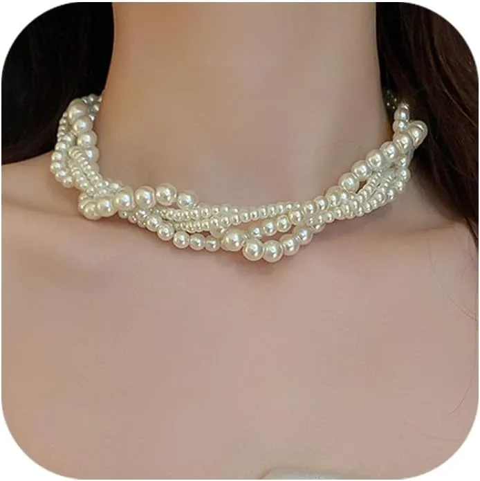 Layered Pearl Necklace Simulated Pearl Chokers for Women Multi-Strand Pearl Statement Bridal Choker Necklace for Wedding Party