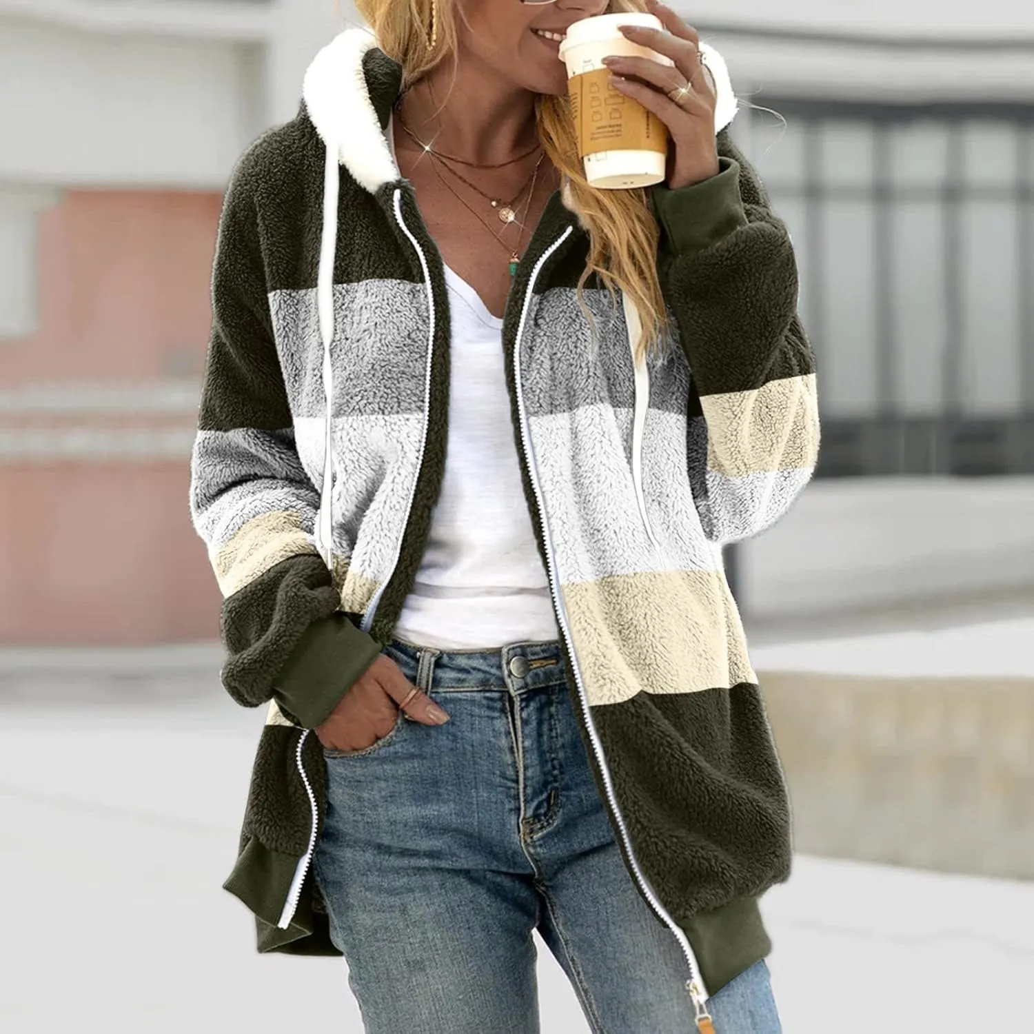 LCMTWX Womens Winter Jacket Coats Solid Color Artificial Wool Zipper Drawstring Long-Sleeved Thermal Sweatshirt Outerwear