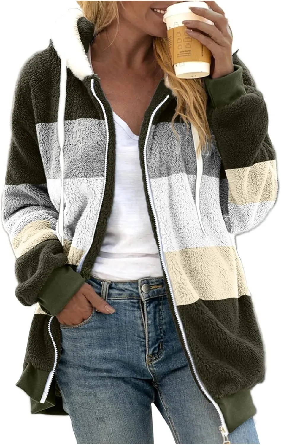 LCMTWX Womens Winter Jacket Coats Solid Color Artificial Wool Zipper Drawstring Long-Sleeved Thermal Sweatshirt Outerwear