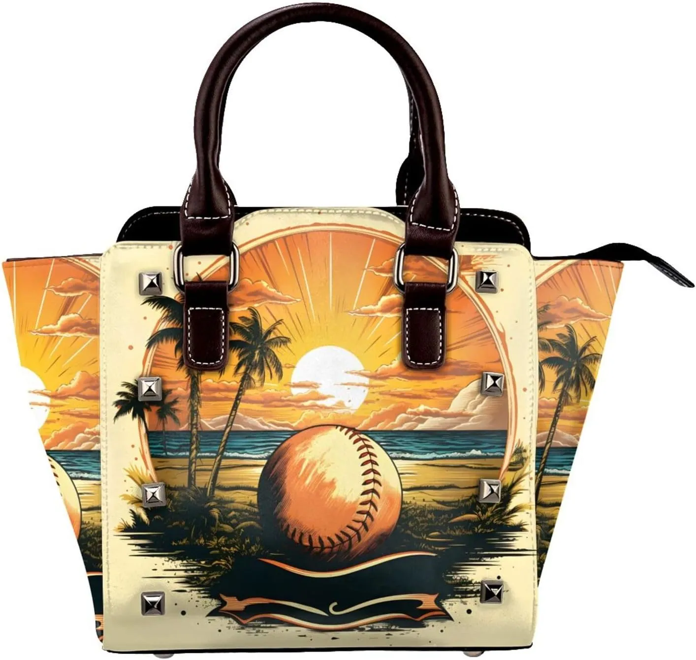 Leather Shoulder Bag for Women, Beach Baseball Studded Purse Sport Ball Crossbody Handbags Punk Hobo Bag with Adjustable Strap