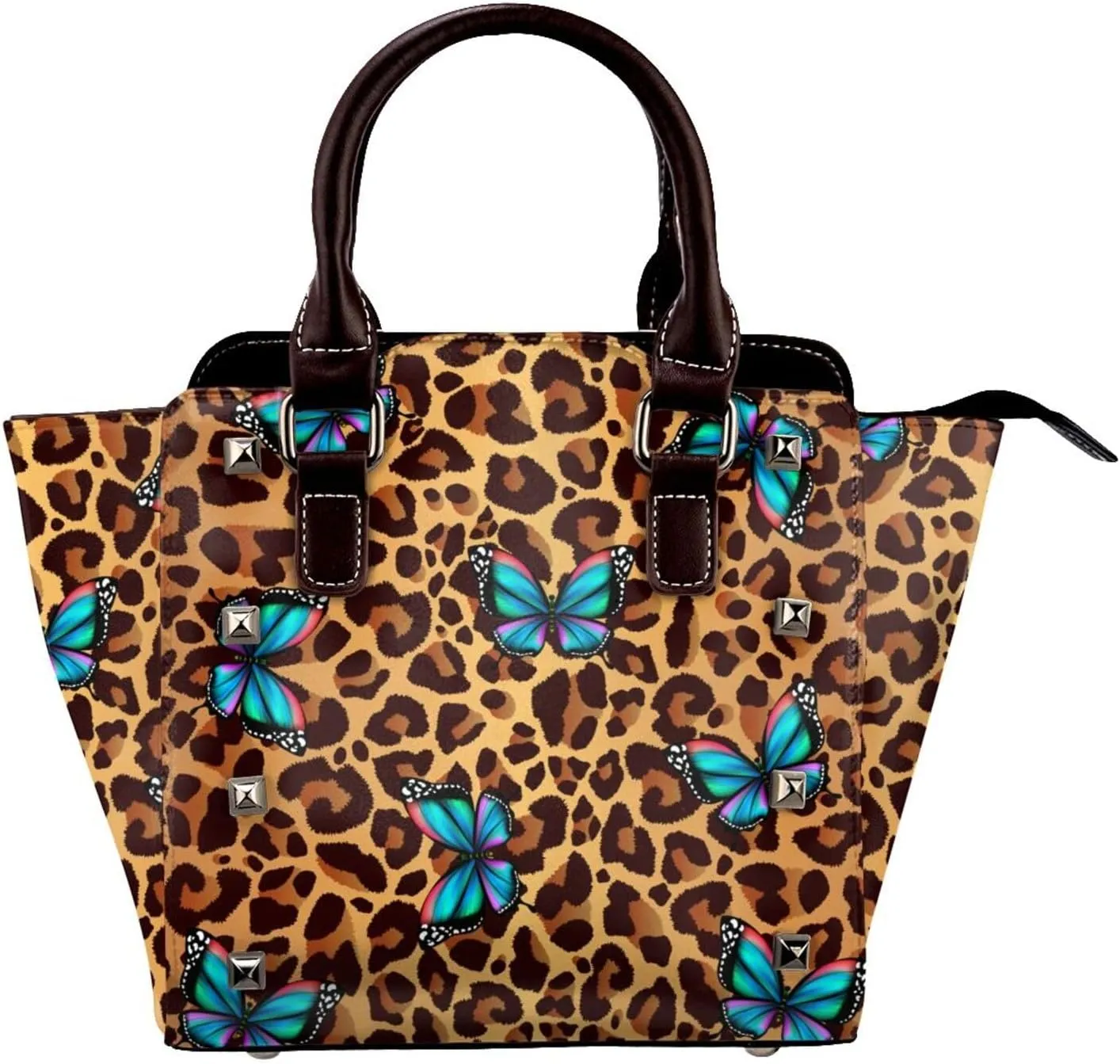 Leather Shoulder Bag for Women, Butterfly Leopard Print Studded Purse Giraffe Skin Crossbody Handbags Punk Hobo Bag with Adjustable Strap
