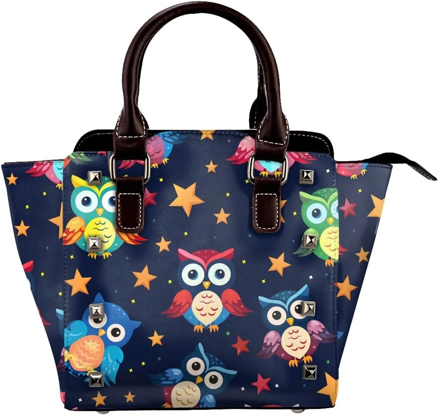 Leather Shoulder Bag for Women, Cartoon Owl Studded Purse Star Crossbody Handbags Punk Hobo Bag with Adjustable Strap