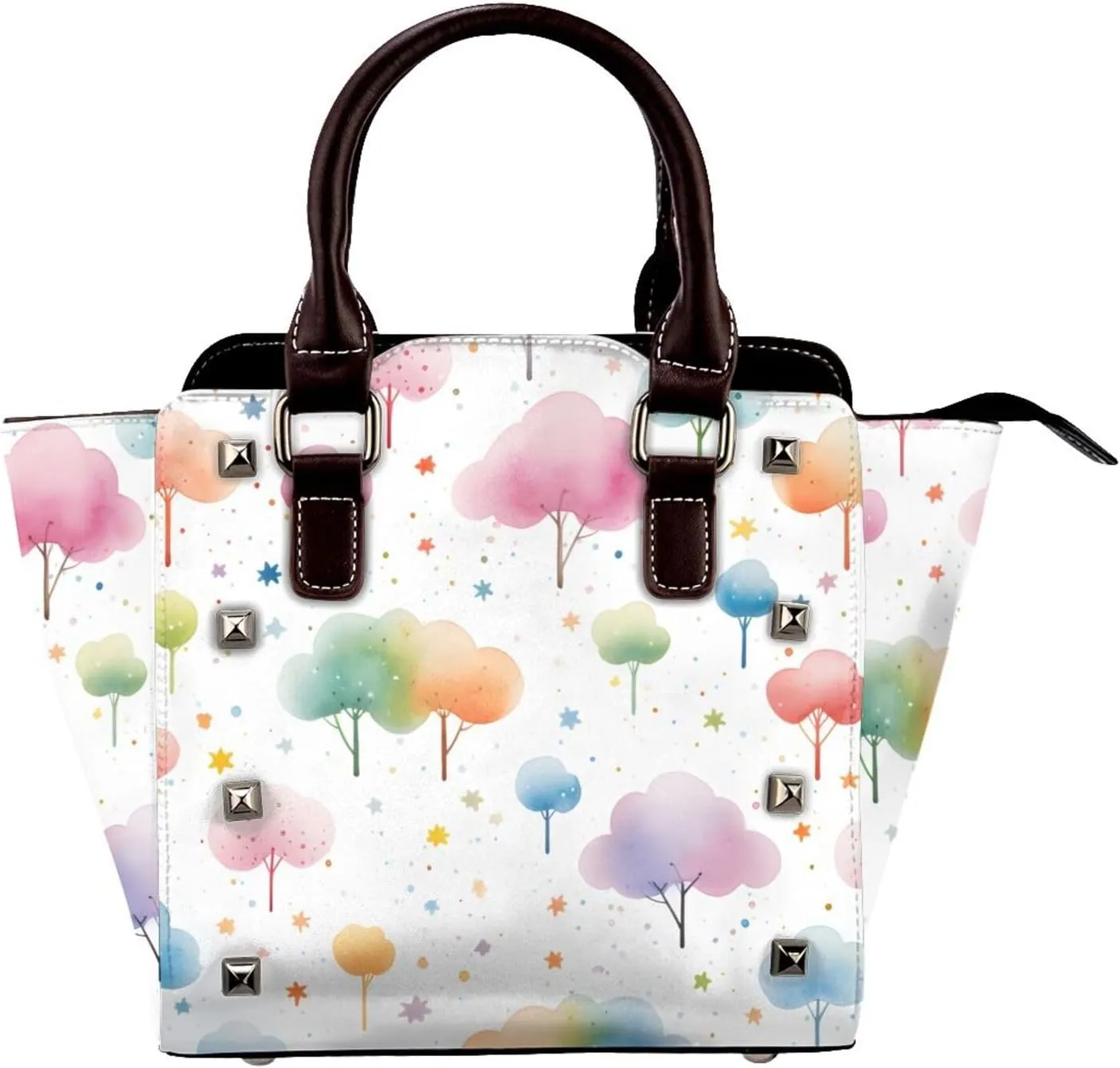 Leather Shoulder Bag for Women, Cartoon Tree Studded Purse Watercolor Star Crossbody Handbags Punk Hobo Bag with Adjustable Strap