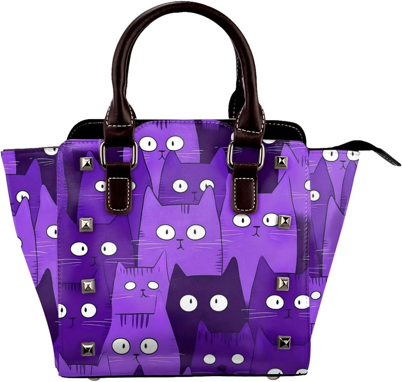 Leather Shoulder Bag for Women, Cat Kitten Face Studded Purse Cat Animal Crossbody Handbags Punk Hobo Bag with Adjustable Strap