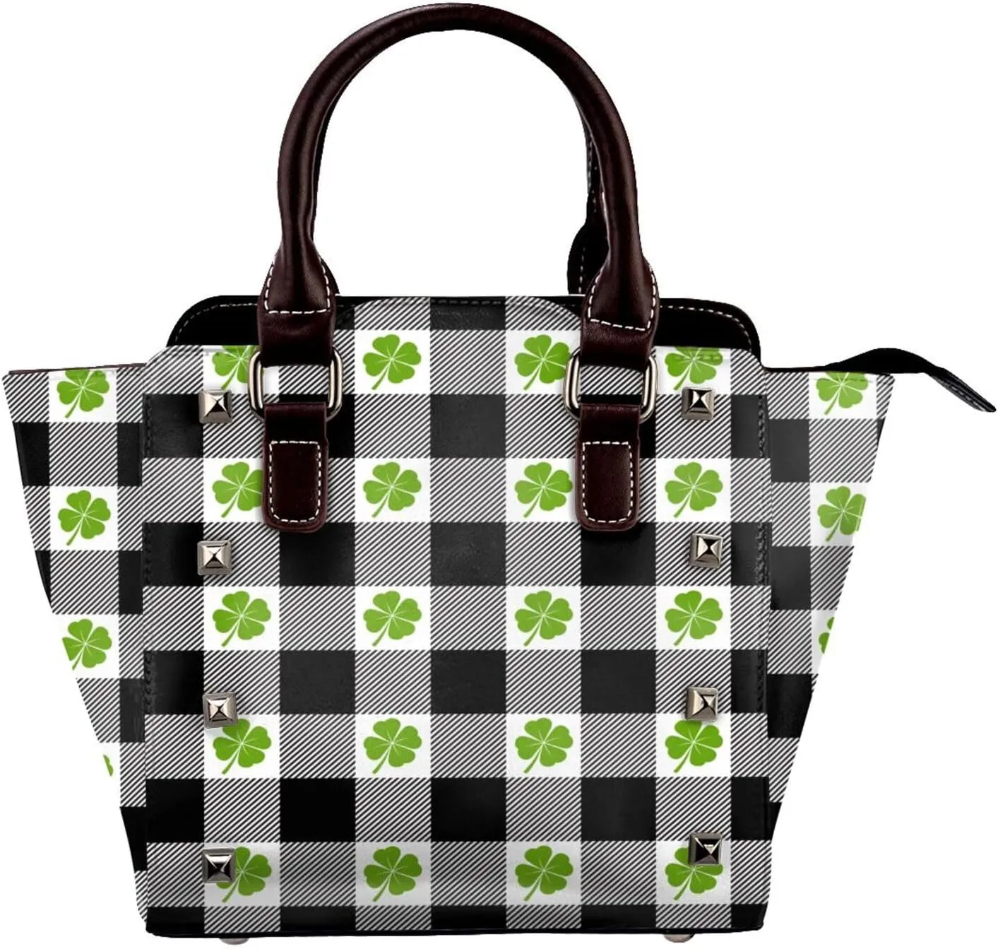 Leather Shoulder Bag for Women, Check Lucky Shamrock Studded Purse Irish Clover Crossbody Handbags Punk Hobo Bag with Adjustable Strap
