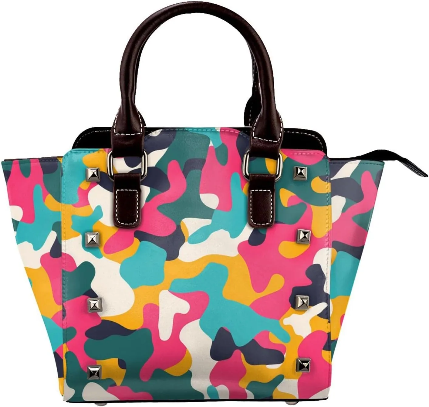 Leather Shoulder Bag for Women, Colorful Camo Studded Purse Camouflage Crossbody Handbags Punk Hobo Bag with Adjustable Strap