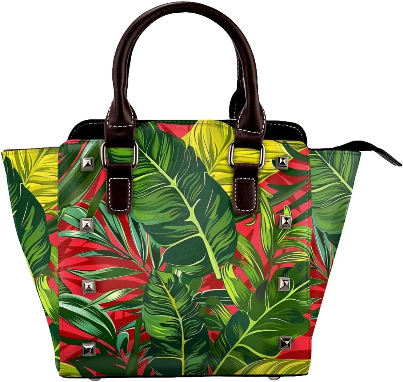 Leather Shoulder Bag for Women, Colorful Palm Leaves Studded Purse Tropical Crossbody Handbags Punk Hobo Bag with Adjustable Strap