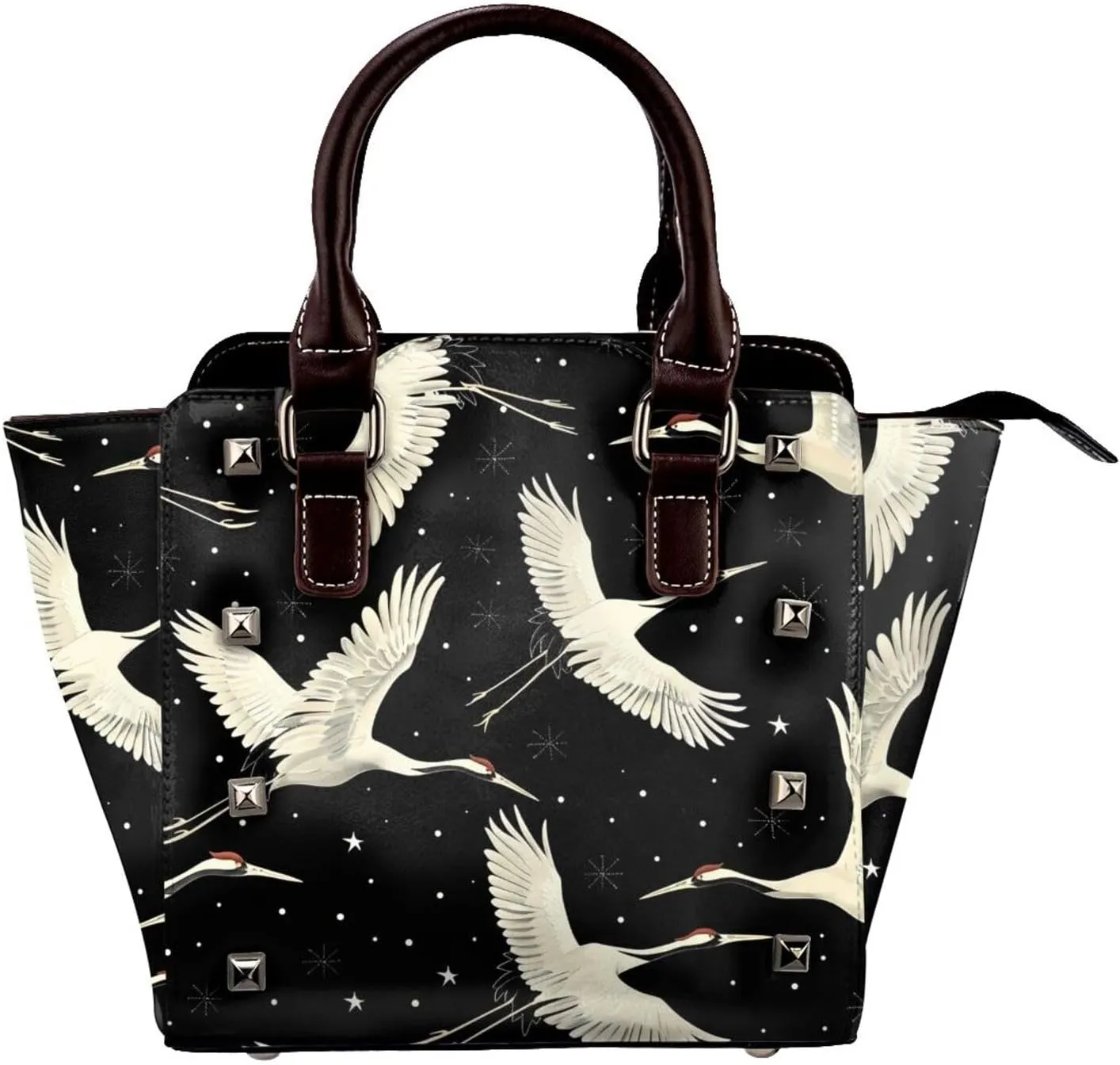 Leather Shoulder Bag for Women, Crane Flying Studded Purse Tradition Crossbody Handbags Punk Hobo Bag with Adjustable Strap