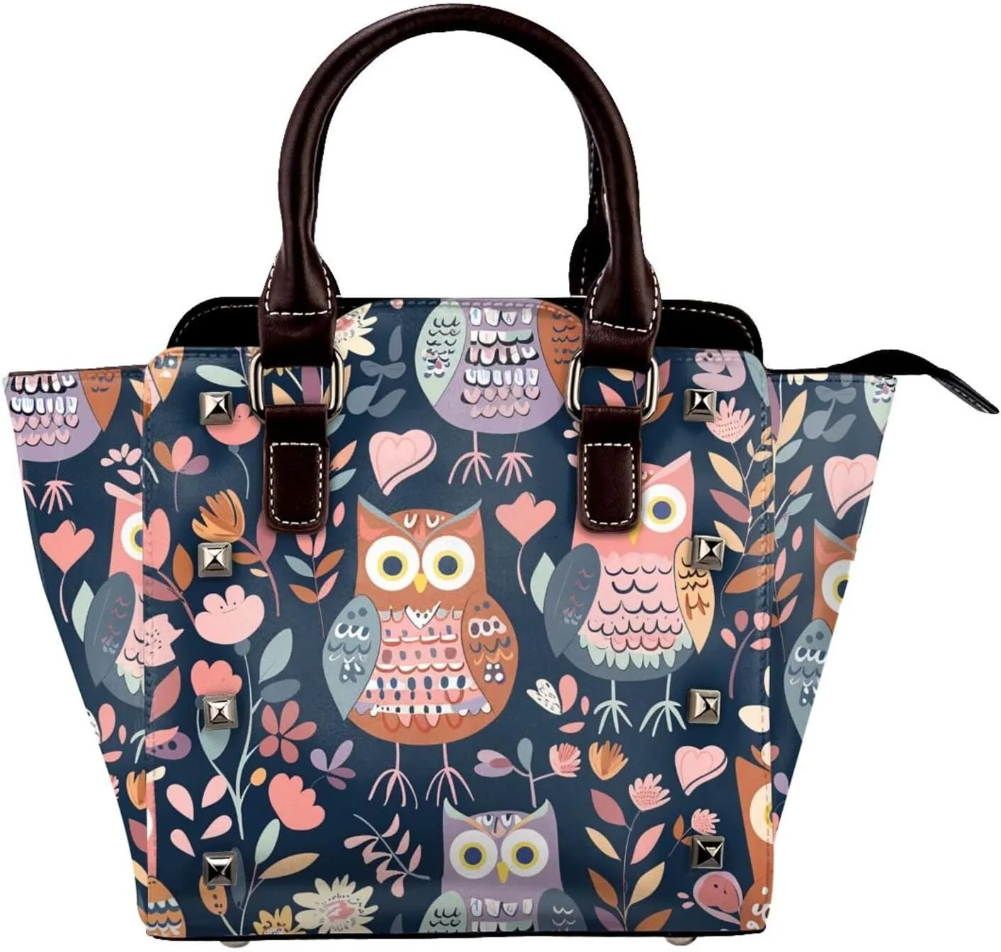 Leather Shoulder Bag for Women, Cute Owl Flower Studded Purse Floral Bird Crossbody Handbags Punk Hobo Bag with Adjustable Strap