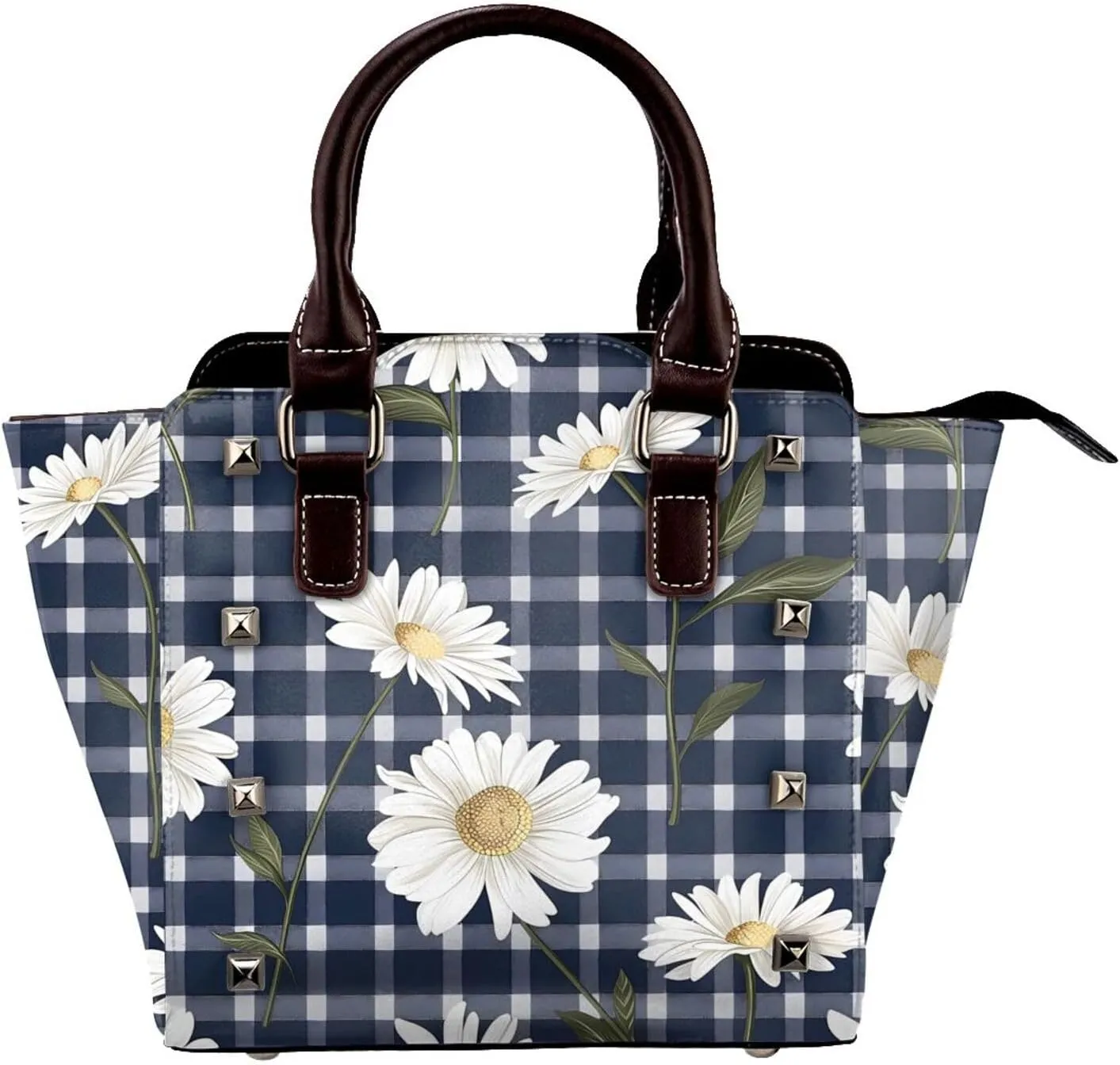 Leather Shoulder Bag for Women, Daisy Buffalo Plaid Studded Purse Vintage Flower Crossbody Handbags Punk Hobo Bag with Adjustable Strap