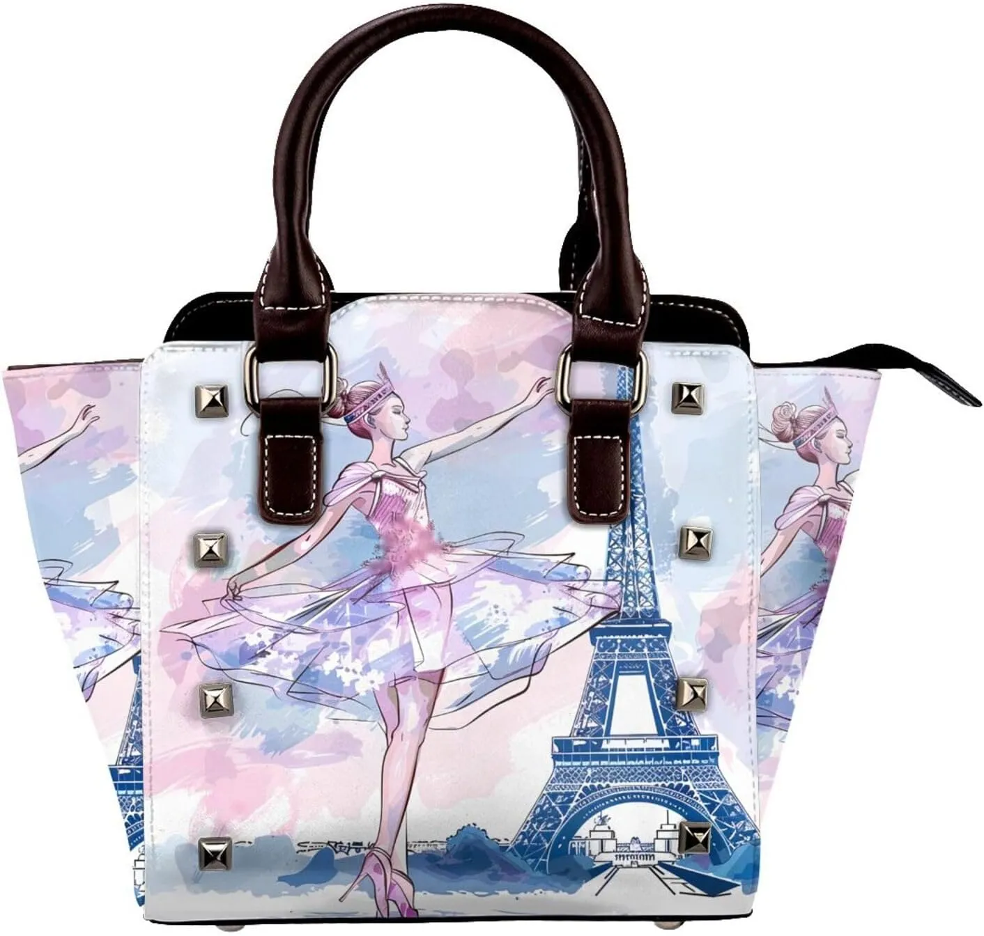 Leather Shoulder Bag for Women, Eiffel Tower Girl Studded Purse Watercolor Paris Crossbody Handbags Punk Hobo Bag with Adjustable Strap