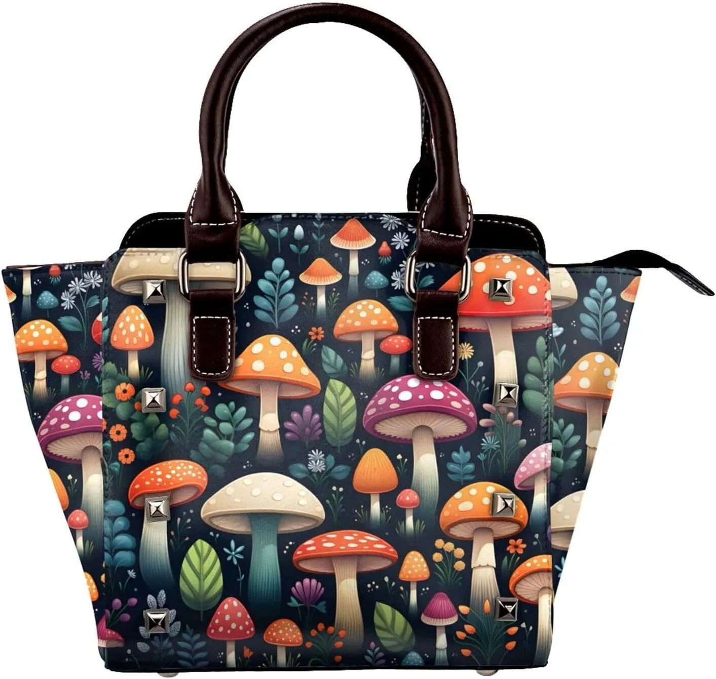 Leather Shoulder Bag for Women, Fairy Forest Flowers Studded Purse Mushroom Crossbody Handbags Punk Hobo Bag with Adjustable Strap