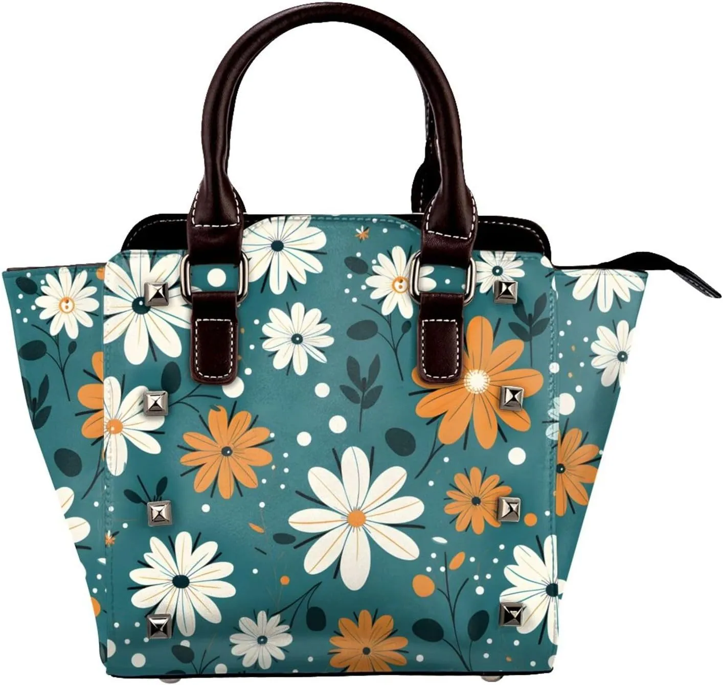 Leather Shoulder Bag for Women, Flower Floral Studded Purse Watercolor Leaves Crossbody Handbags Punk Hobo Bag with Adjustable Strap