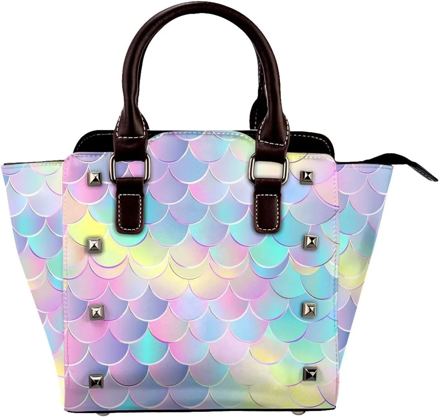 Leather Shoulder Bag for Women, Galaxy Fish Scale Studded Purse Rainbow Sea Crossbody Handbags Punk Hobo Bag with Adjustable Strap