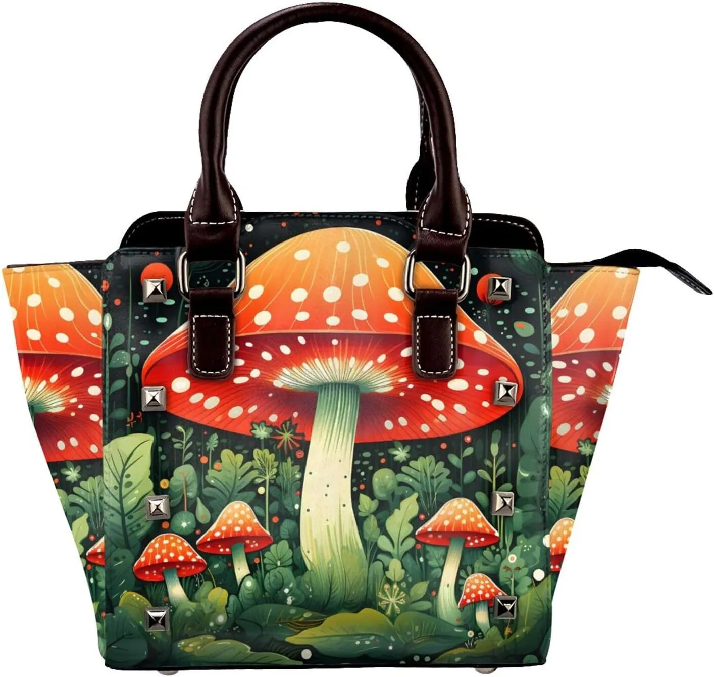 Leather Shoulder Bag for Women, Galaxy Mushroom Studded Purse Fairy Forest Crossbody Handbags Punk Hobo Bag with Adjustable Strap