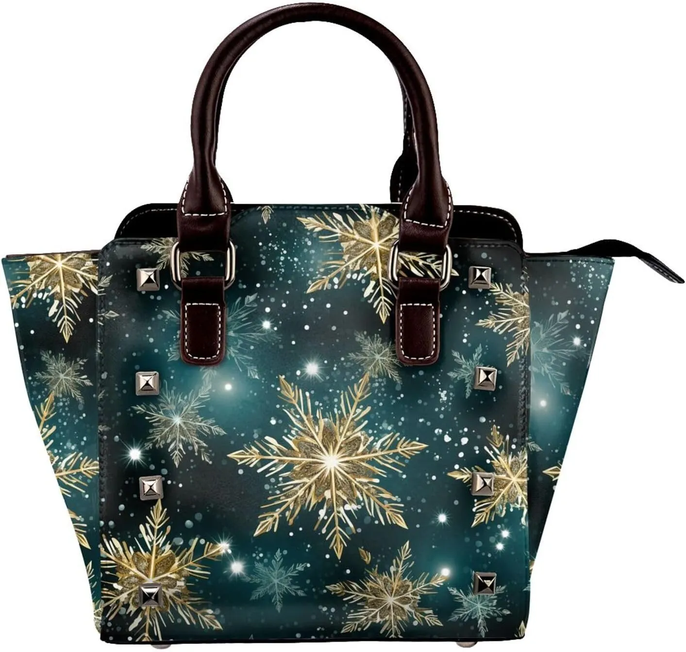 Leather Shoulder Bag for Women, Galaxy Snowflake Studded Purse Christmas Crossbody Handbags Punk Hobo Bag with Adjustable Strap