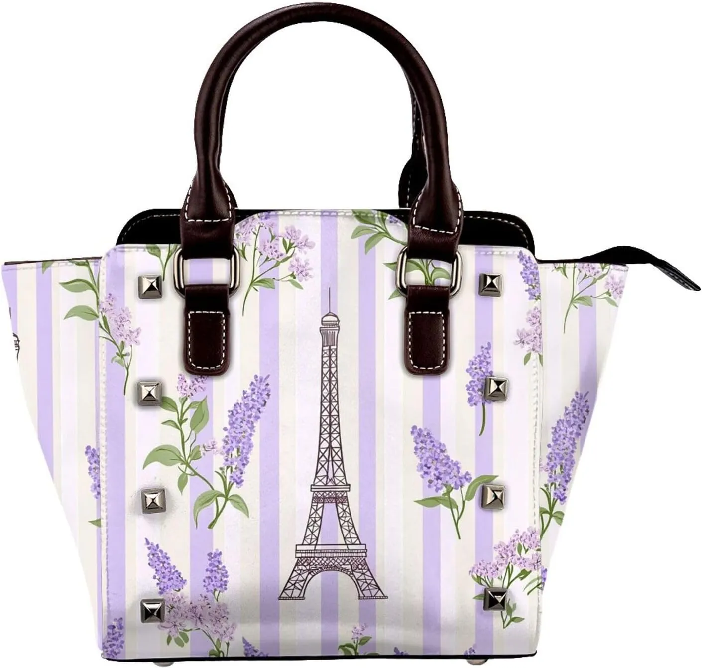Leather Shoulder Bag for Women, Lavender Flowers Studded Purse Eiffel Tower Crossbody Handbags Punk Hobo Bag with Adjustable Strap