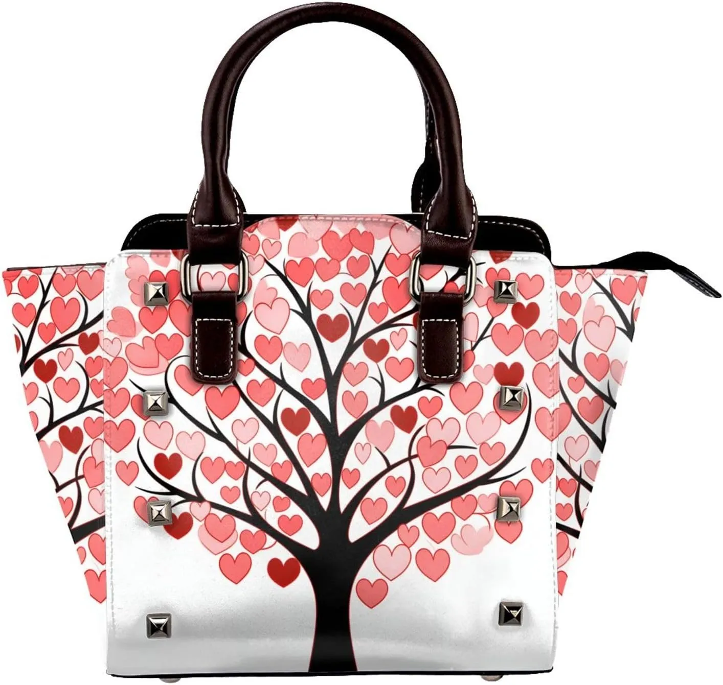 Leather Shoulder Bag for Women, Love Heart Tree Studded Purse Romantic Leaves Crossbody Handbags Punk Hobo Bag with Adjustable Strap
