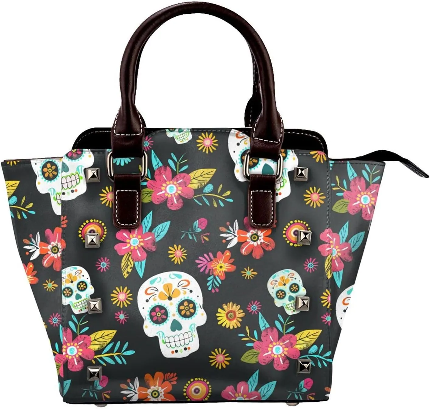Leather Shoulder Bag for Women, Mexico Skull Studded Purse Skeleton Flower Crossbody Handbags Punk Hobo Bag with Adjustable Strap