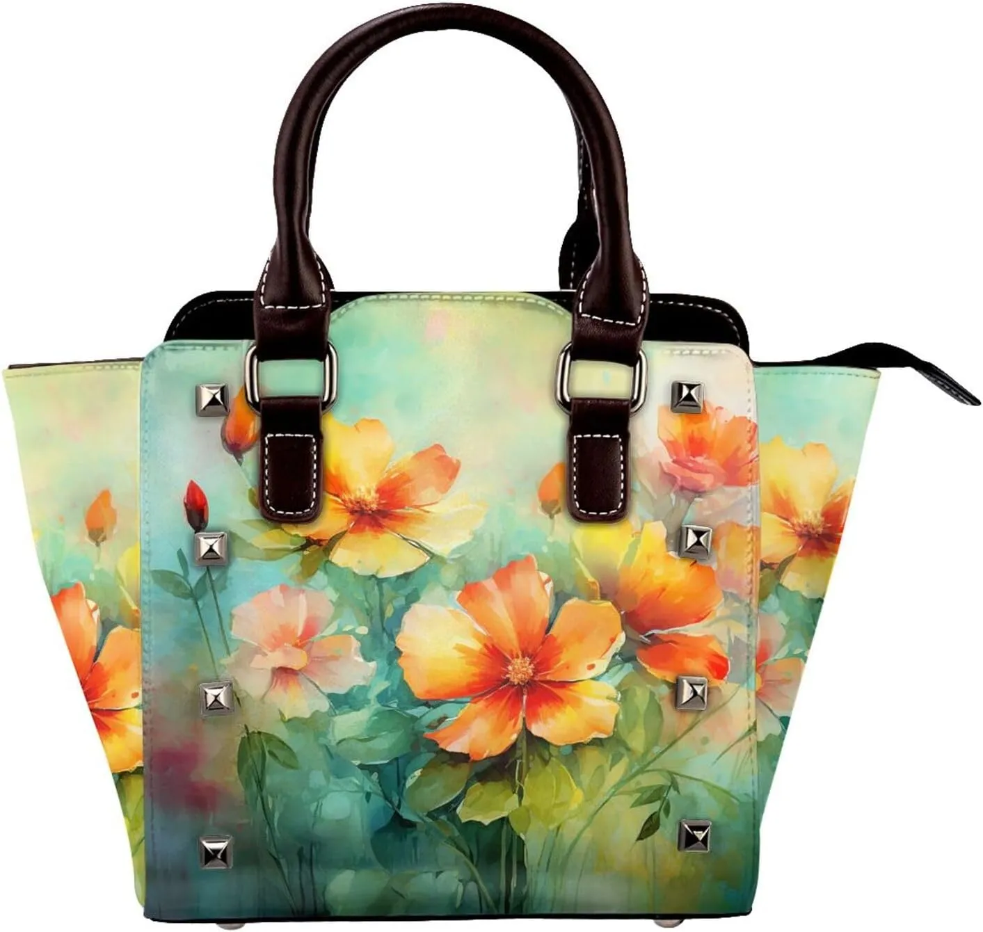 Leather Shoulder Bag for Women, Oil Painting Flower Studded Purse Abstract Art Crossbody Handbags Punk Hobo Bag with Adjustable Strap