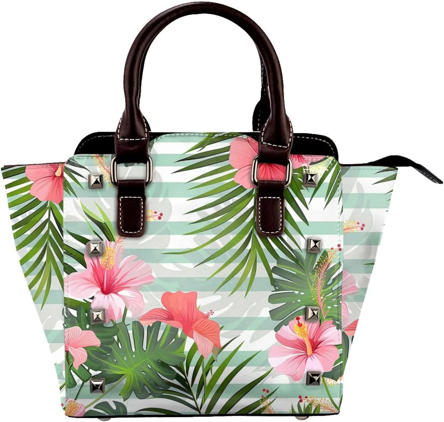 Leather Shoulder Bag for Women, Palm Leaves Stripe Studded Purse Tropical Stripe Flower Crossbody Handbags Punk Hobo Bag with Adjustable Strap