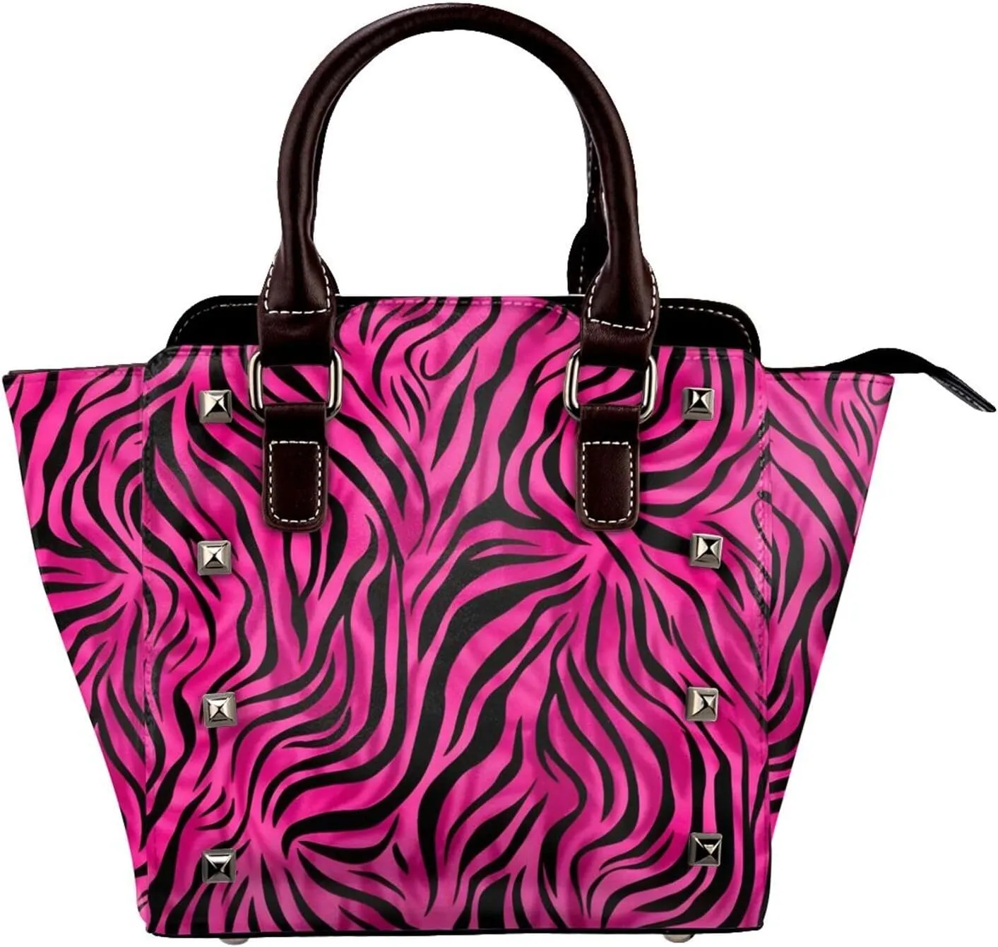 Leather Shoulder Bag for Women, Pink Zebra Print Studded Purse Zebra Skin Crossbody Handbags Punk Hobo Bag with Adjustable Strap