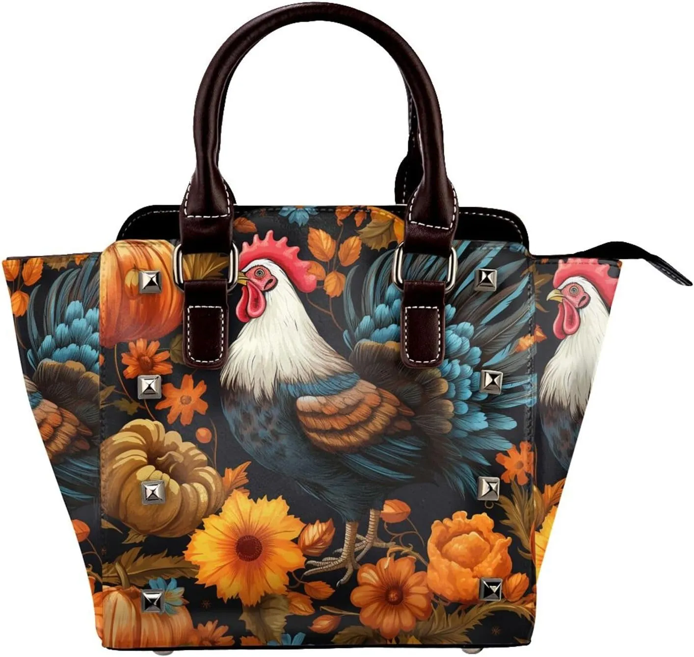 Leather Shoulder Bag for Women, Pumpkin Rooster Studded Purse Thanksgiving Maple Crossbody Handbags Punk Hobo Bag with Adjustable Strap