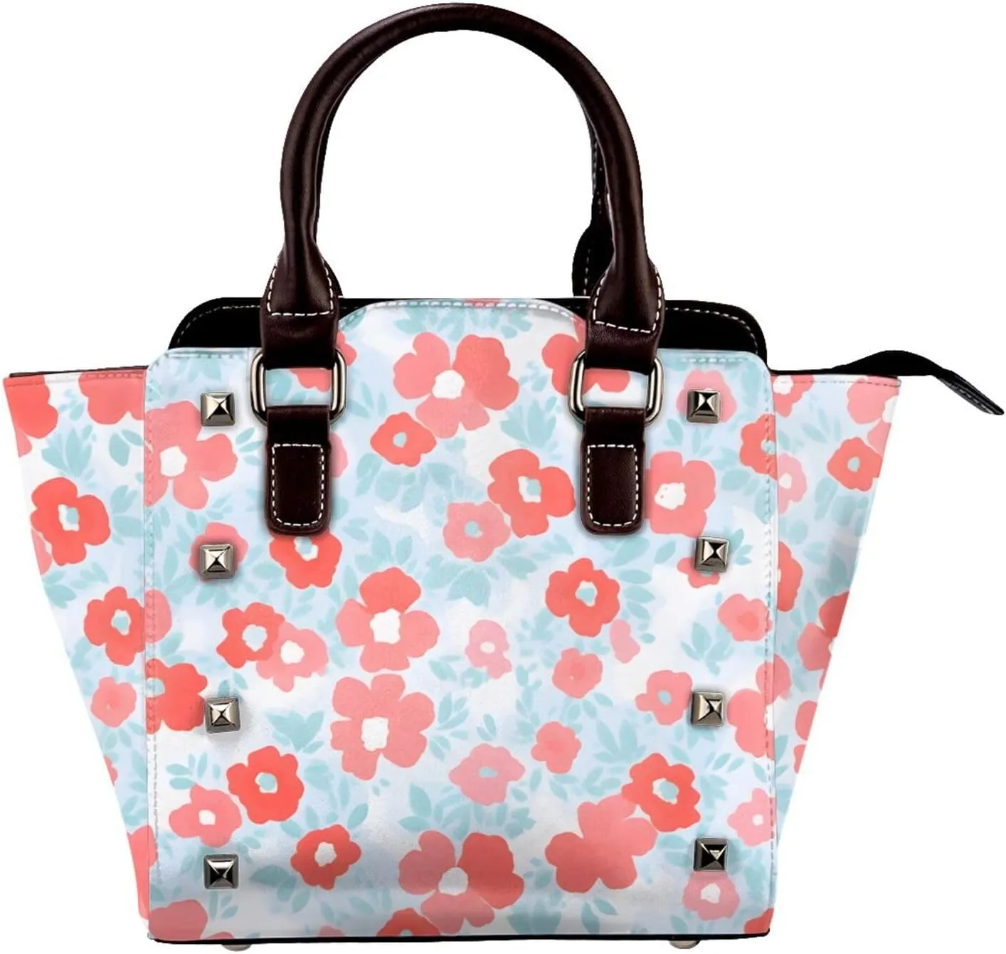 Leather Shoulder Bag for Women, Red Flower Studded Purse Cute Floral Crossbody Handbags Punk Hobo Bag with Adjustable Strap
