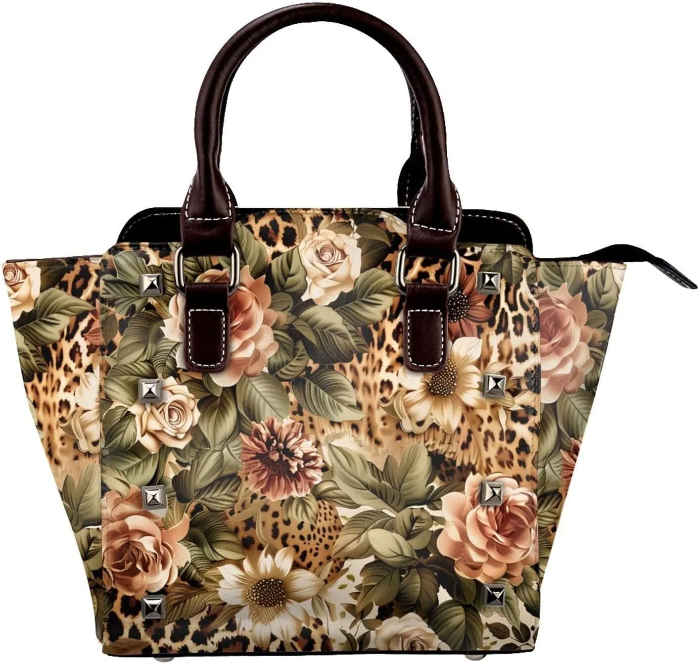 Leather Shoulder Bag for Women, Rose Giraffe Print Studded Purse Giraffe Skin Crossbody Handbags Punk Hobo Bag with Adjustable Strap