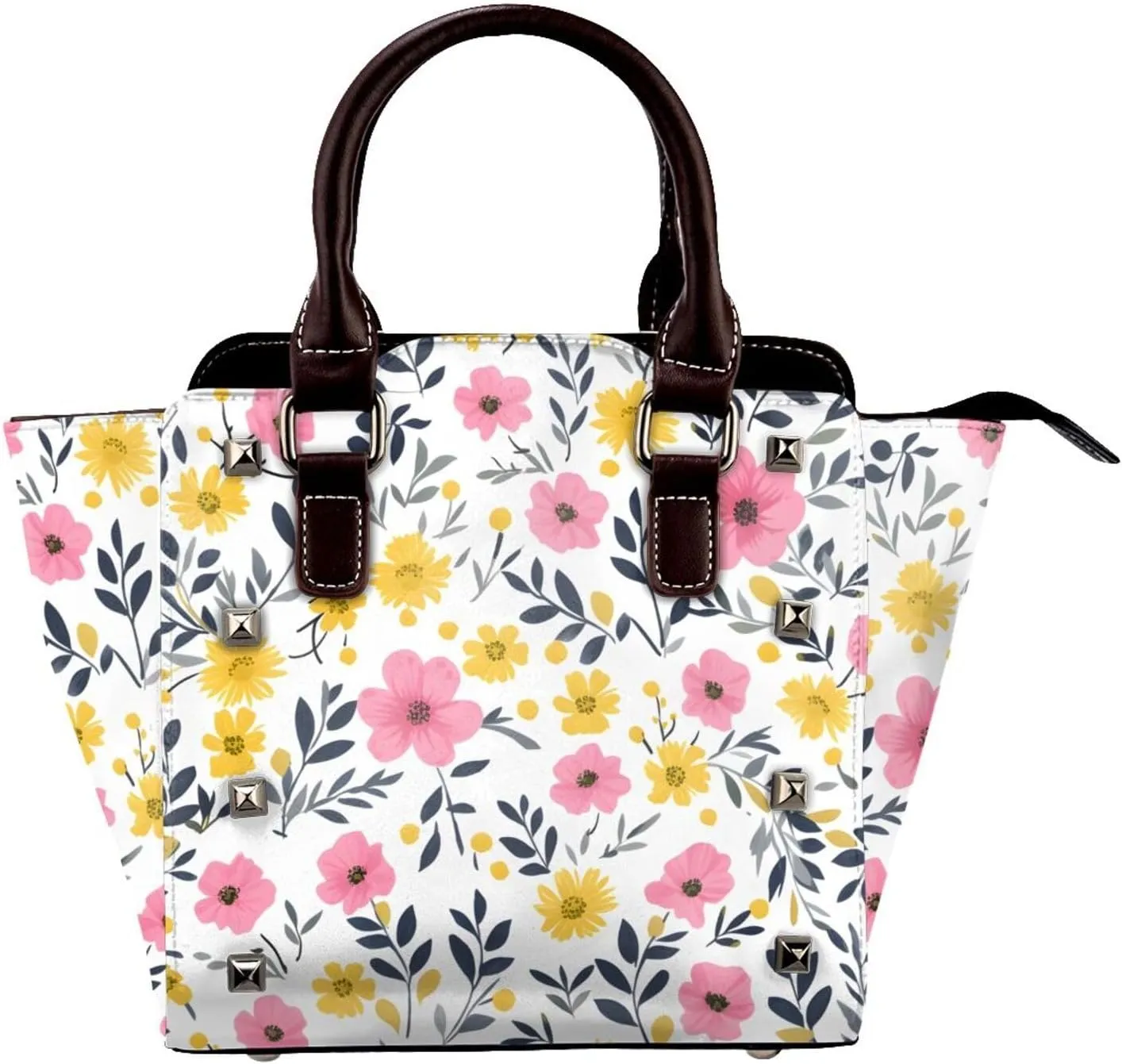 Leather Shoulder Bag for Women, Rustic Flower Studded Purse Spring Floral Crossbody Handbags Punk Hobo Bag with Adjustable Strap