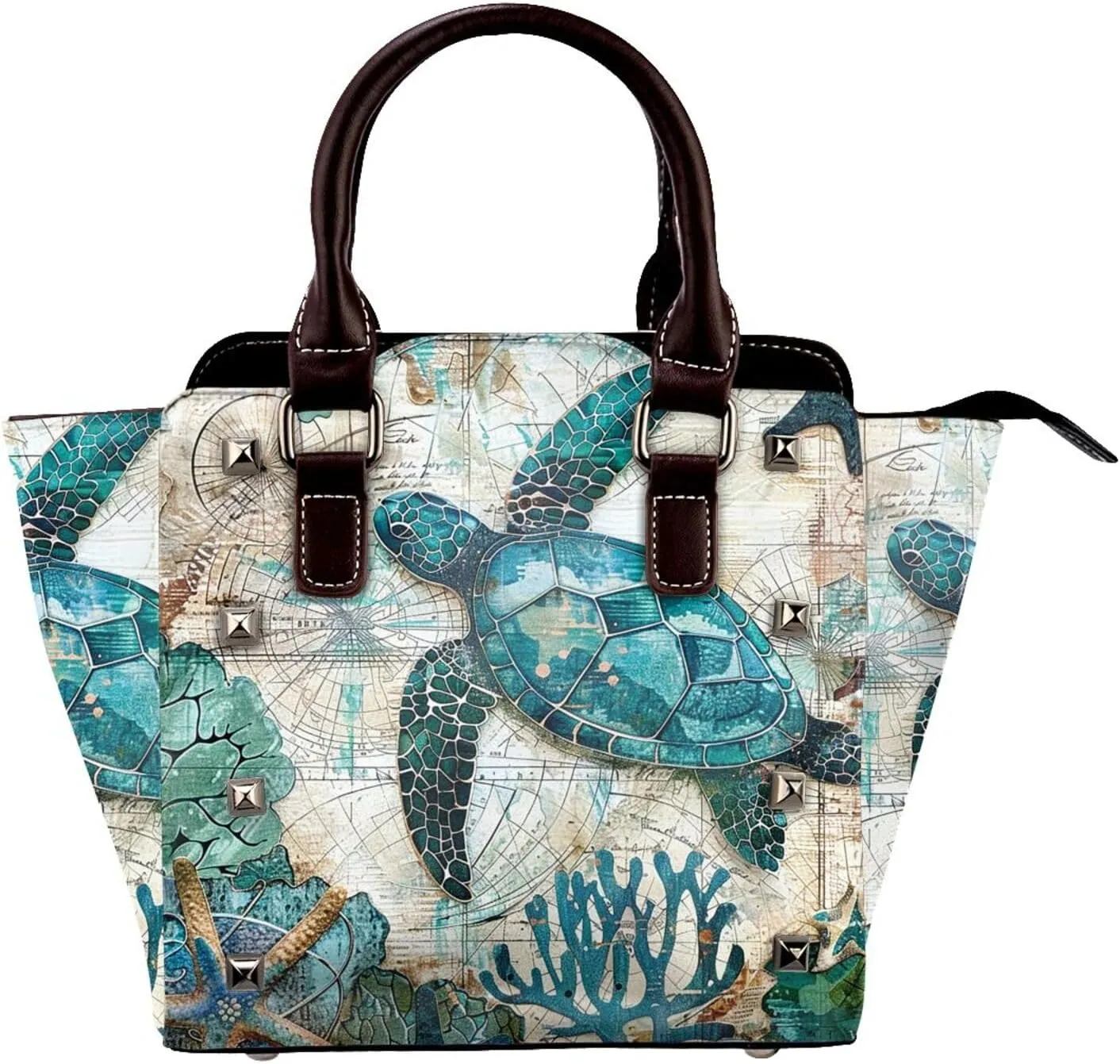 Leather Shoulder Bag for Women, Sea Turtle Starfish Studded Purse Ocean Nautical Map Crossbody Handbags Punk Hobo Bag with Adjustable Strap