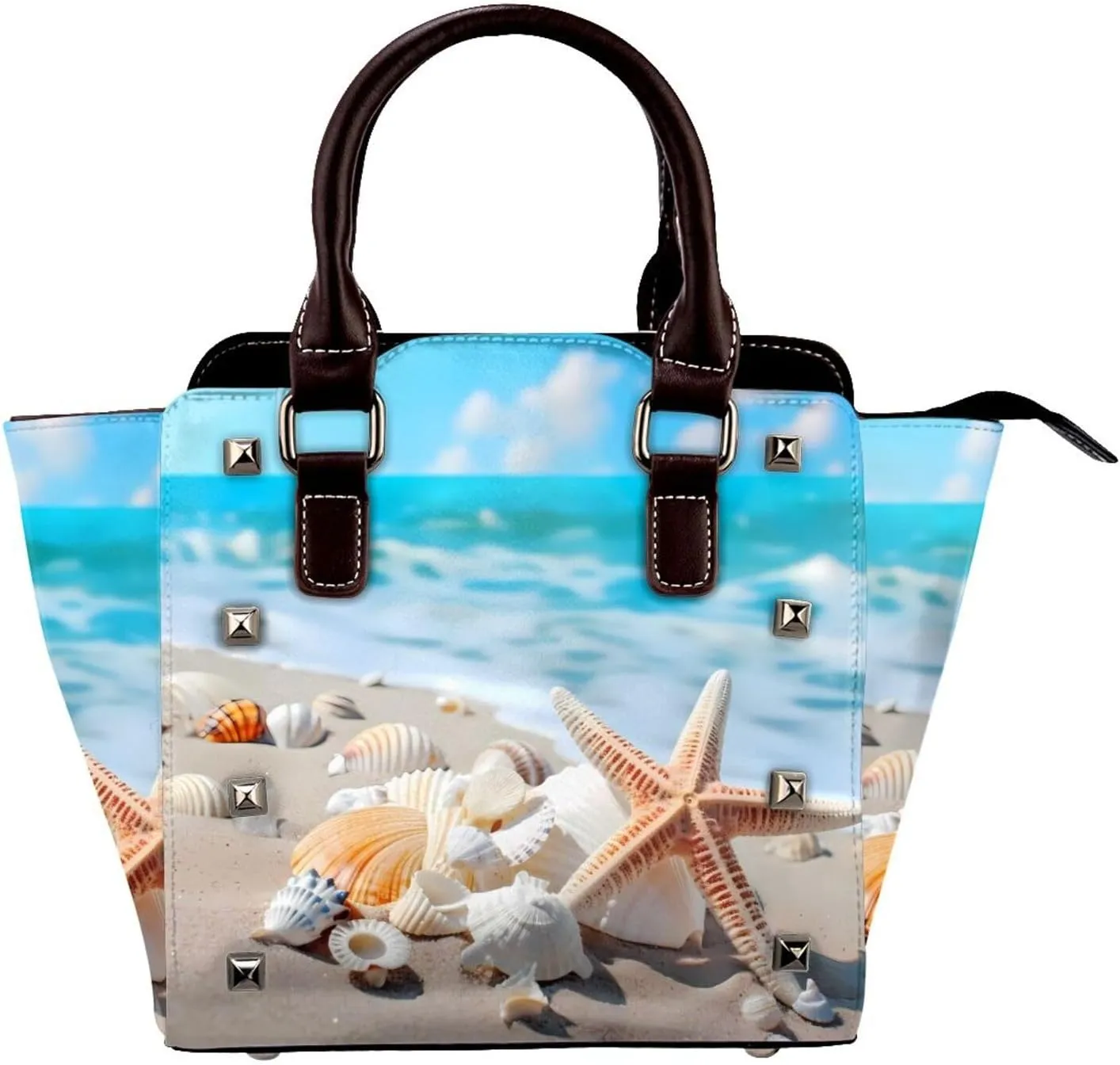 Leather Shoulder Bag for Women, Seashell Starfish Studded Purse Summer Beach Crossbody Handbags Punk Hobo Bag with Adjustable Strap