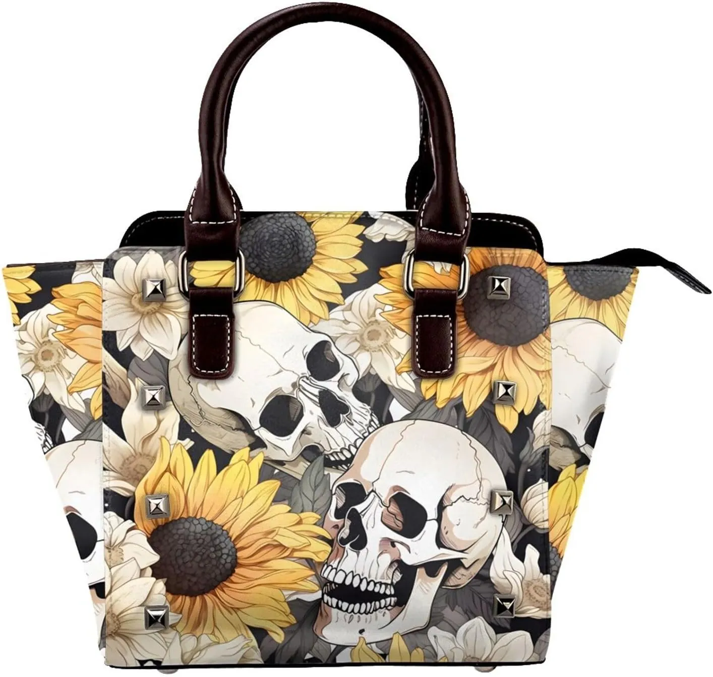 Leather Shoulder Bag for Women, Skull Sunflower Studded Purse Skeleton Floral Crossbody Handbags Punk Hobo Bag with Adjustable Strap