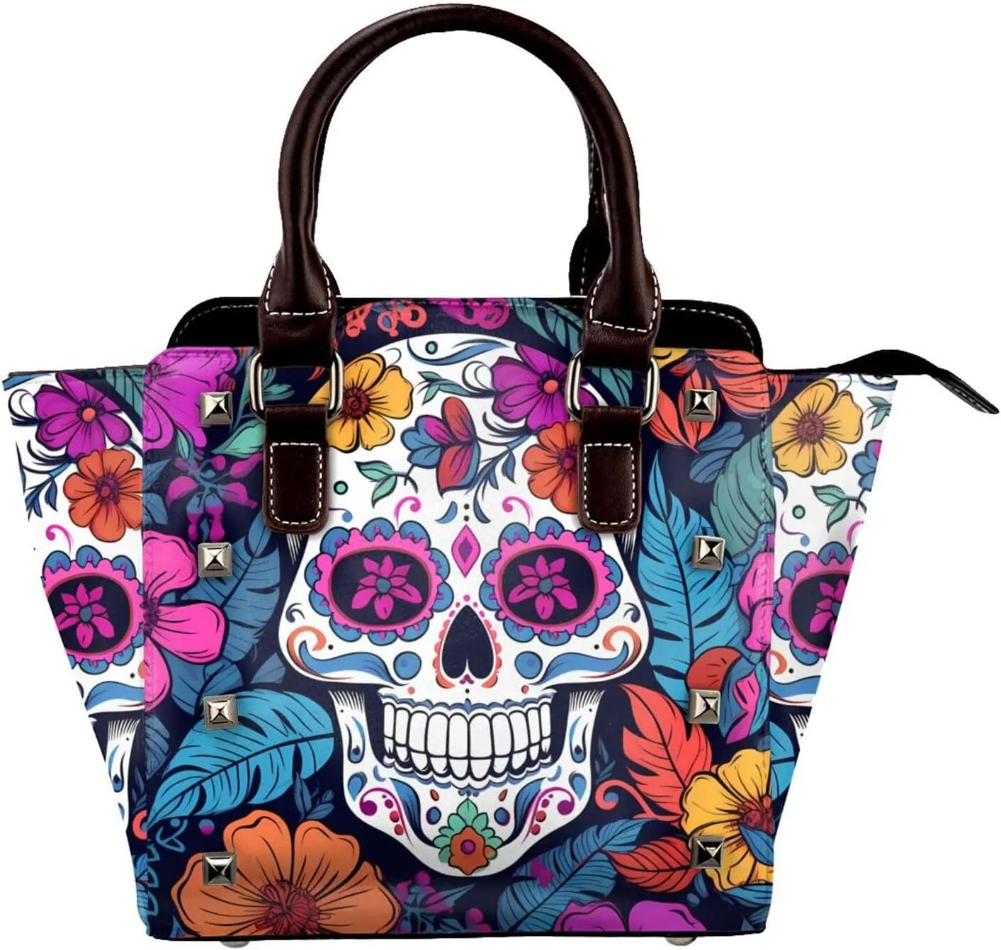 Leather Shoulder Bag for Women, Sugar Skull Studded Purse Day Of The Dead Skull Crossbody Handbags Punk Hobo Bag with Adjustable Strap