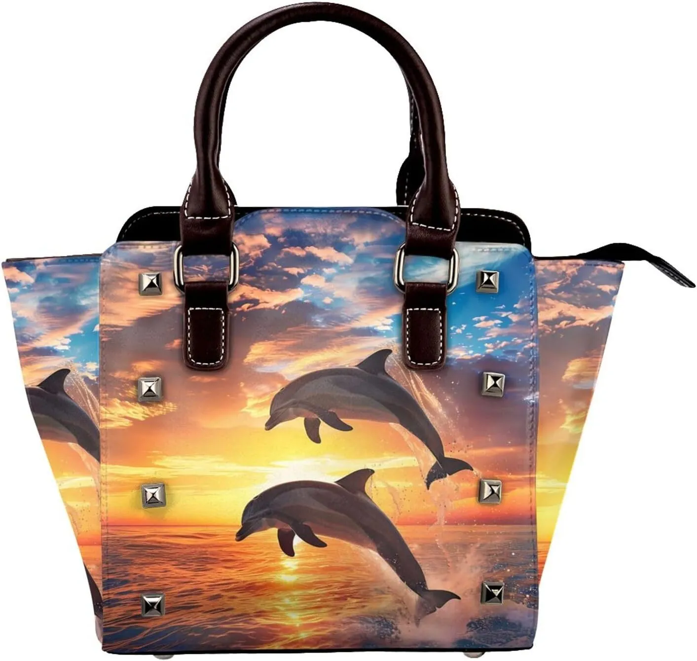 Leather Shoulder Bag for Women, Sunset Dolphin Jumping Studded Purse Sea Animal Crossbody Handbags Punk Hobo Bag with Adjustable Strap