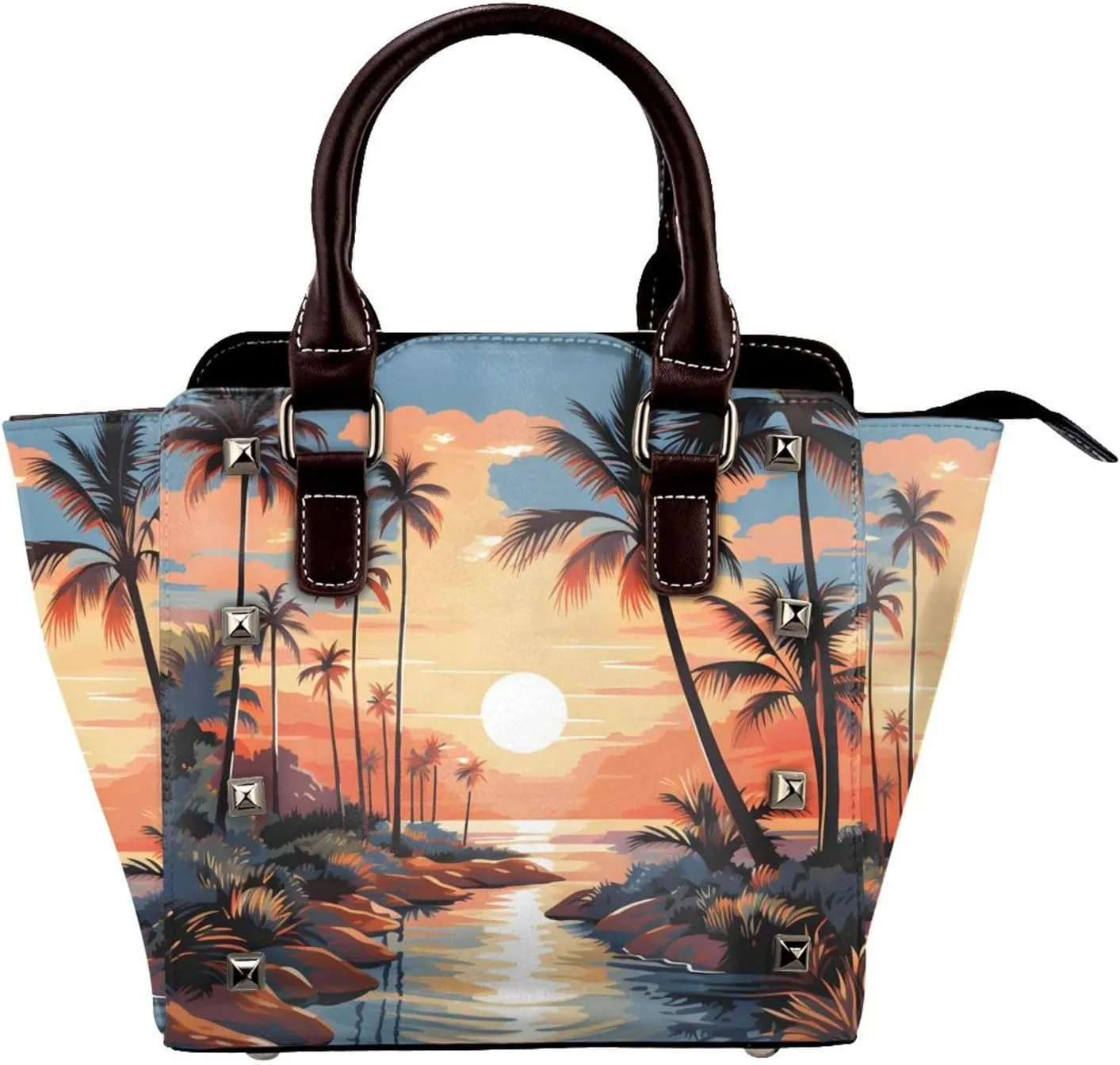 Leather Shoulder Bag for Women, Sunset Sea Beach Studded Purse Ocean Palm Tree Crossbody Handbags Punk Hobo Bag with Adjustable Strap