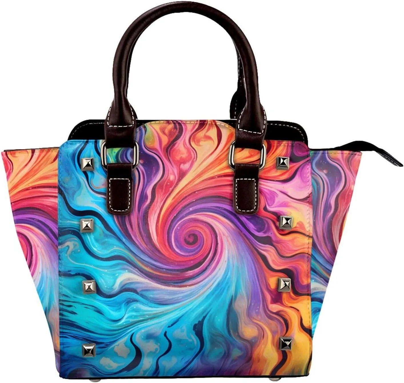 Leather Shoulder Bag for Women, Tie Dye Swirl Studded Purse Art Pinting Crossbody Handbags Punk Hobo Bag with Adjustable Strap