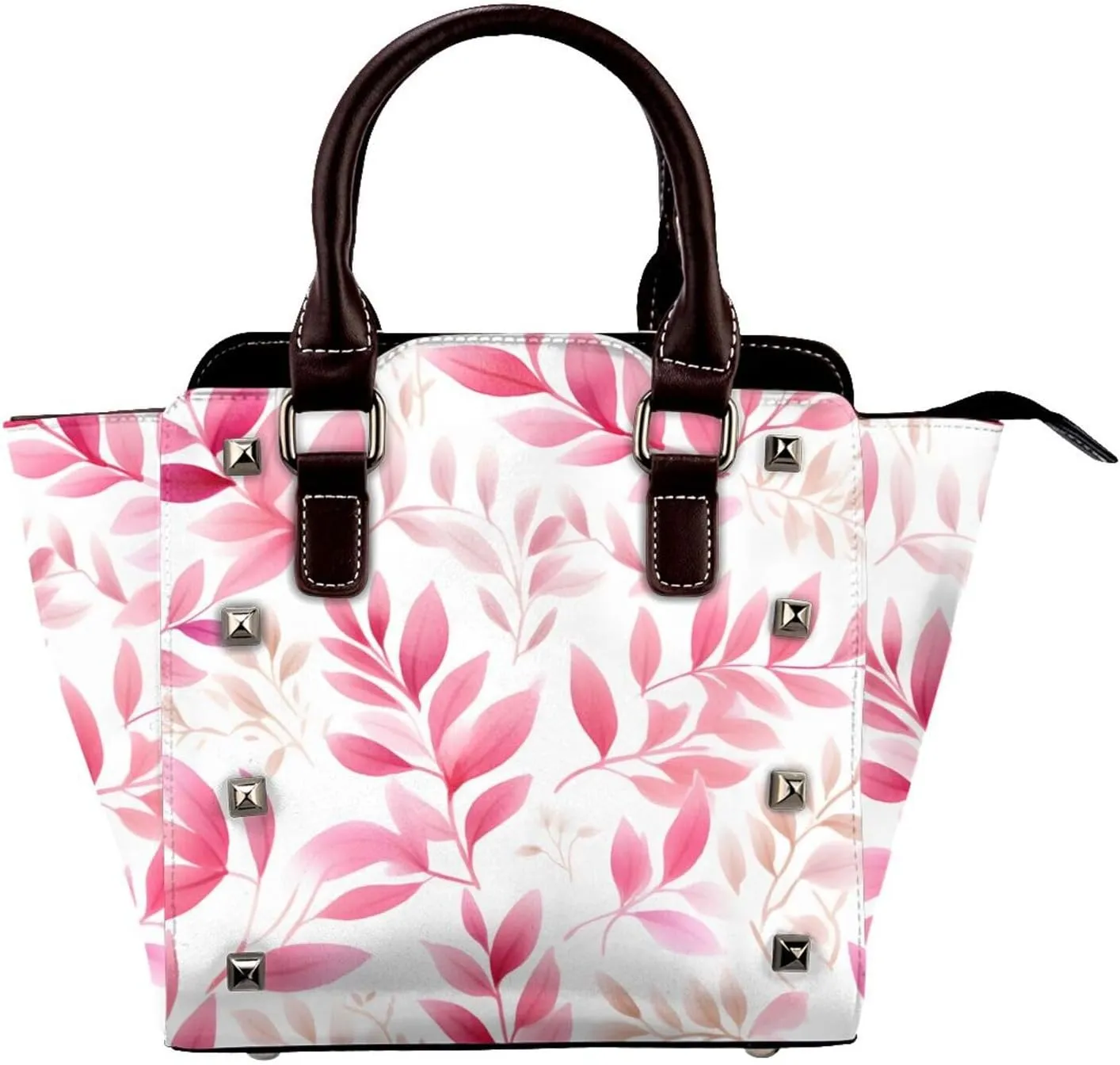 Leather Shoulder Bag for Women, Tropical Pink Leaves Studded Purse Spring Leaf Crossbody Handbags Punk Hobo Bag with Adjustable Strap