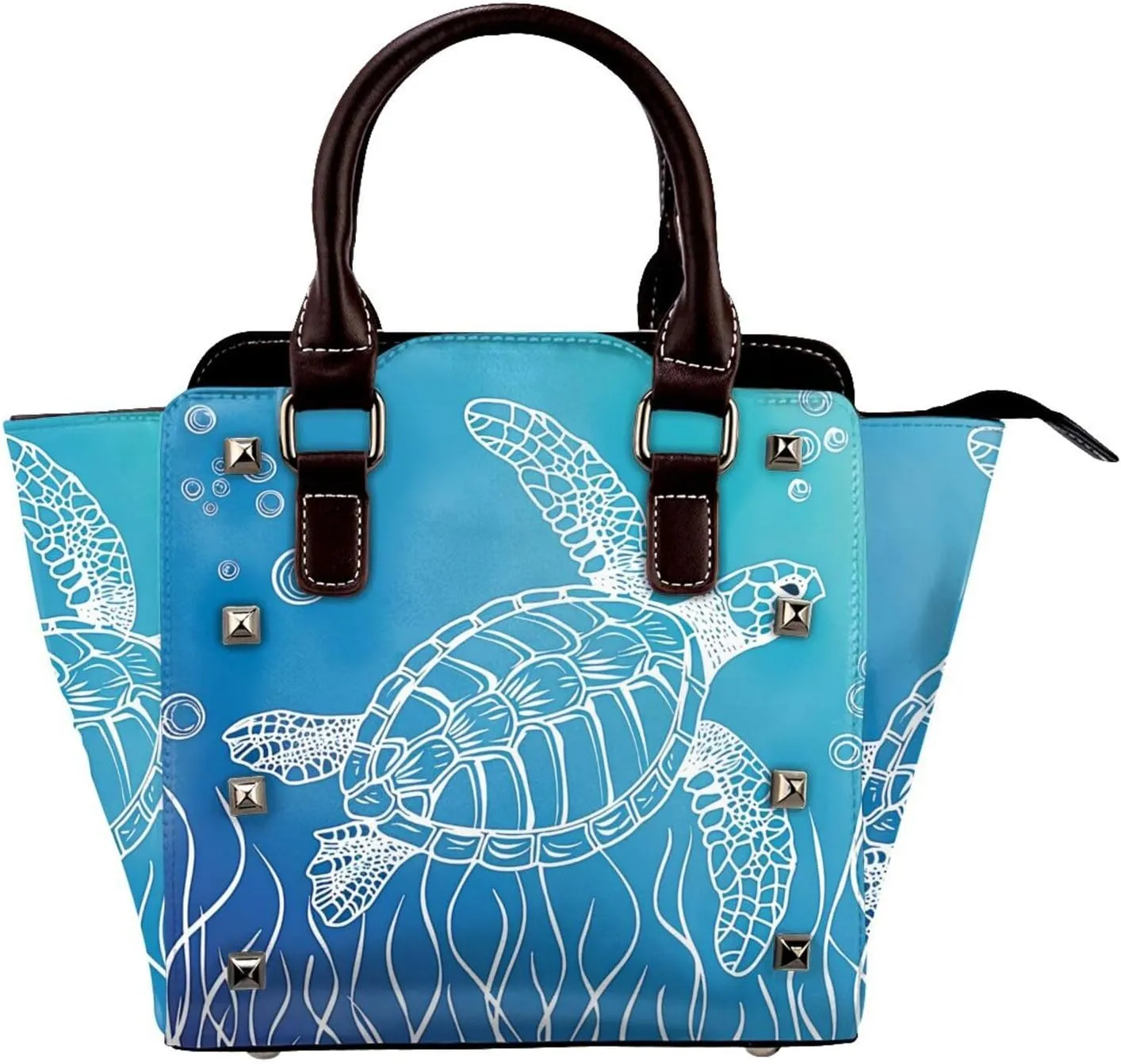 Leather Shoulder Bag for Women, Turtle Coral Studded Purse Sea Animal Crossbody Handbags Punk Hobo Bag with Adjustable Strap