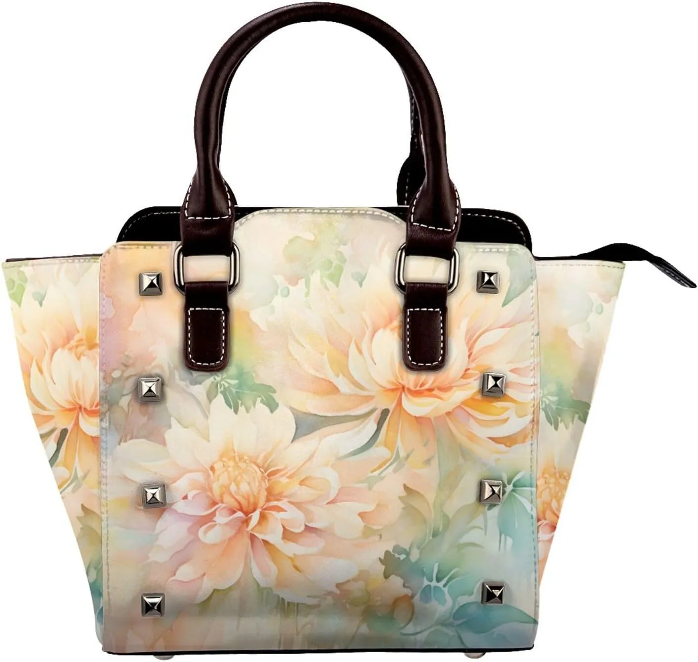 Leather Shoulder Bag for Women, Watercolor Chrysanthemum Studded Purse Flower Floral Crossbody Handbags Punk Hobo Bag with Adjustable Strap