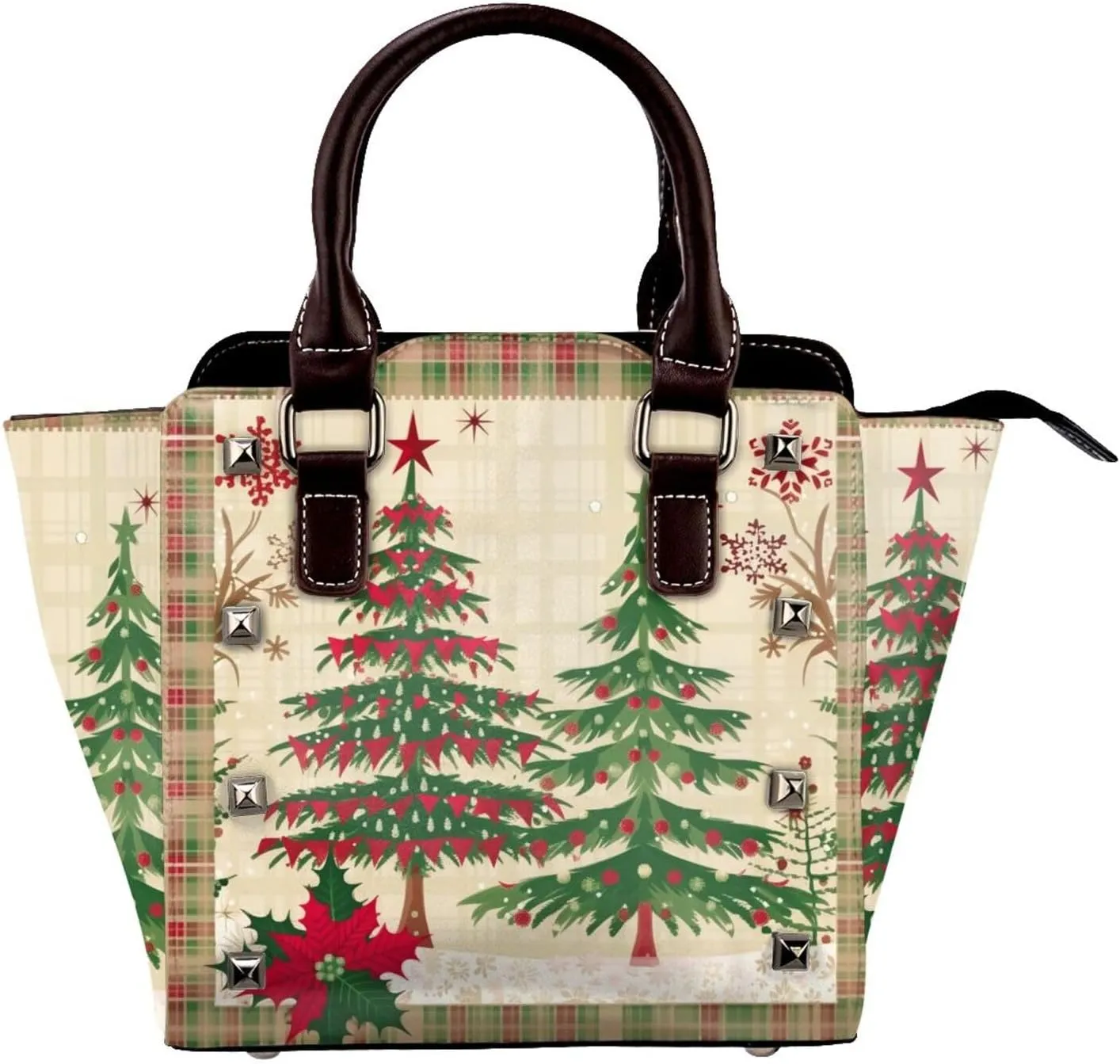 Leather Shoulder Bag for Women, Xmas Buffalo Plaid Studded Purse Christmas Tree Crossbody Handbags Punk Hobo Bag with Adjustable Strap