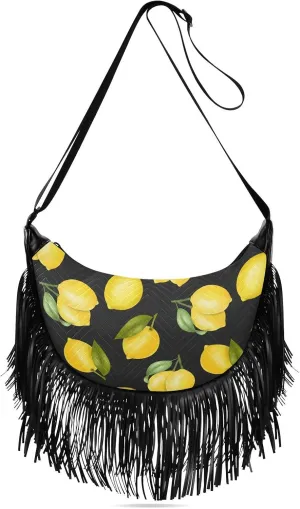 Lemons and Leaves Fringe Bag for Women Cross Body Bag Tassel Shoulder Bag Satchel